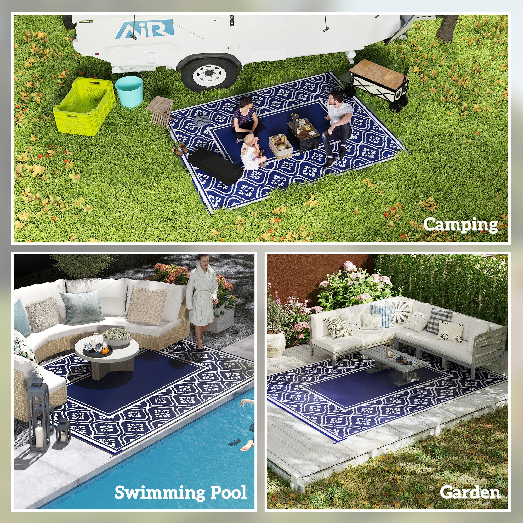 9' x 12' Outdoor Rug Waterproof Reversible Blue & White Gourd Border - Image 7