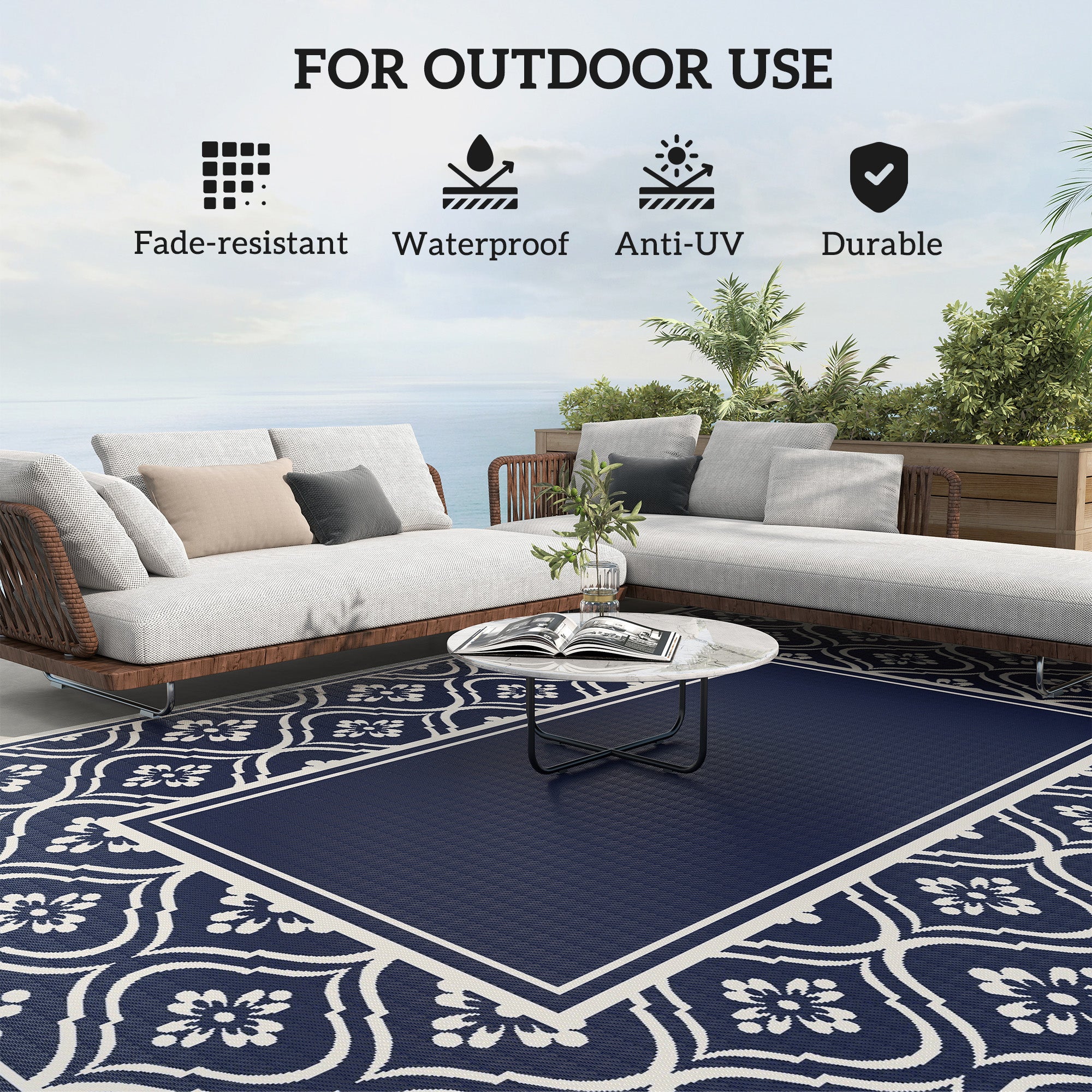 9' x 12' Outdoor Rug Waterproof Reversible Blue & White Gourd Border - Image 8