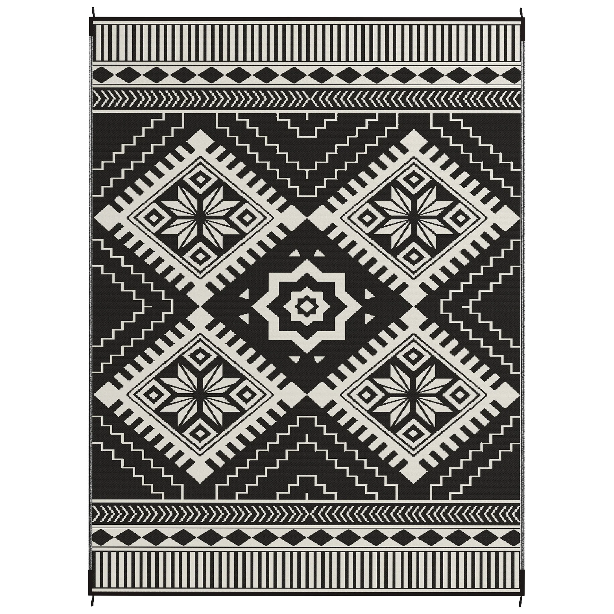 9' x 12' Reversible Outdoor Rug, Waterproof w/ Carry Bag, White & Black Toothed Rhombus - Image 2