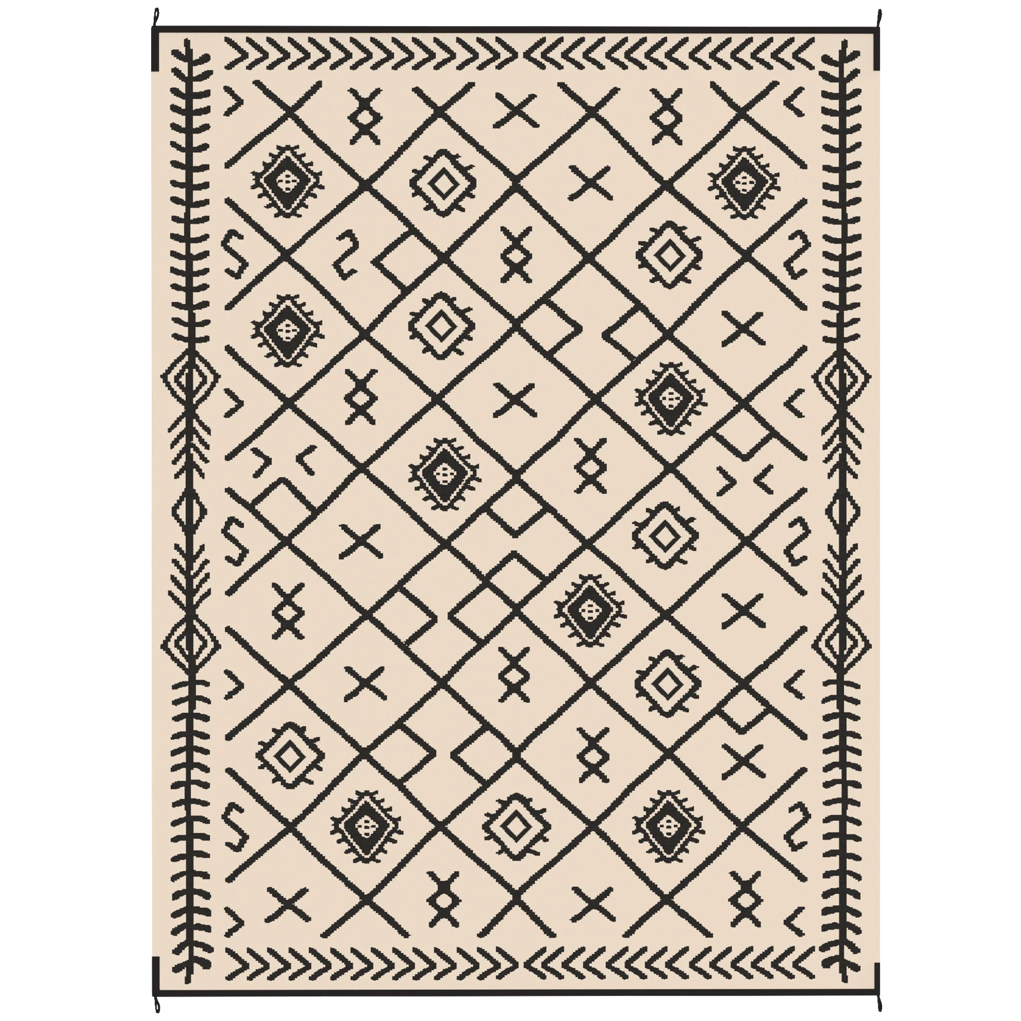 9' x 12' Reversible Outdoor Rug, Waterproof Plastic Straw with Carry Bag, Black & Beige Rhombus - Image 2