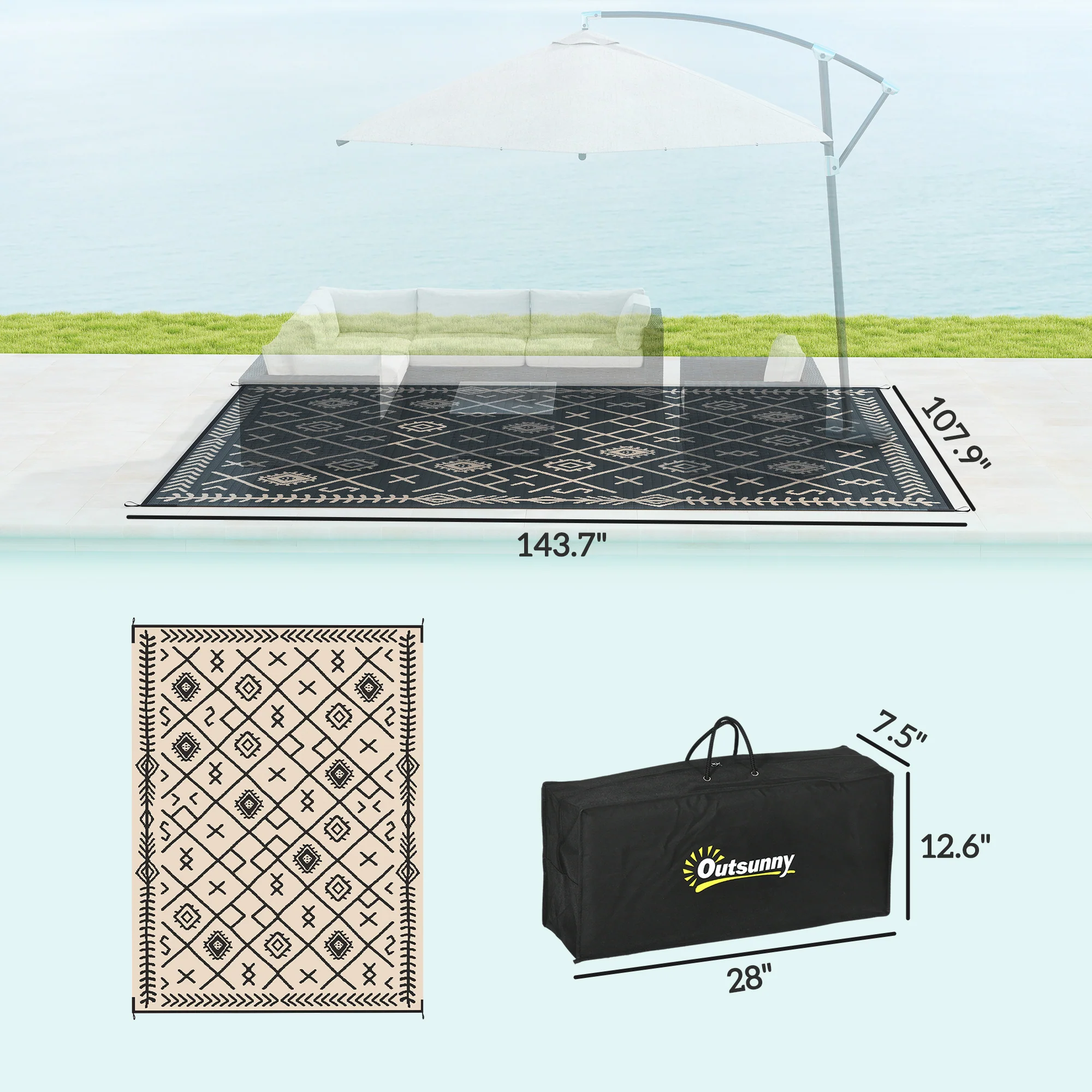 9' x 12' Reversible Outdoor Rug, Waterproof Plastic Straw with Carry Bag, Black & Beige Rhombus - Image 5