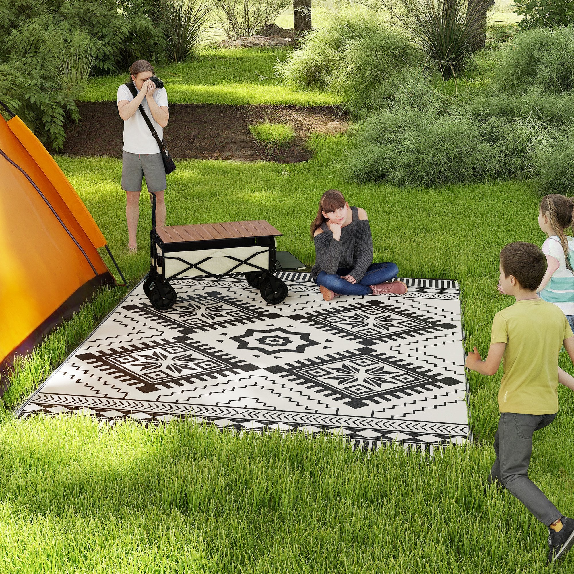 9' x 12' Reversible Outdoor Rug, Waterproof w/ Carry Bag, White & Black Toothed Rhombus - Image 3