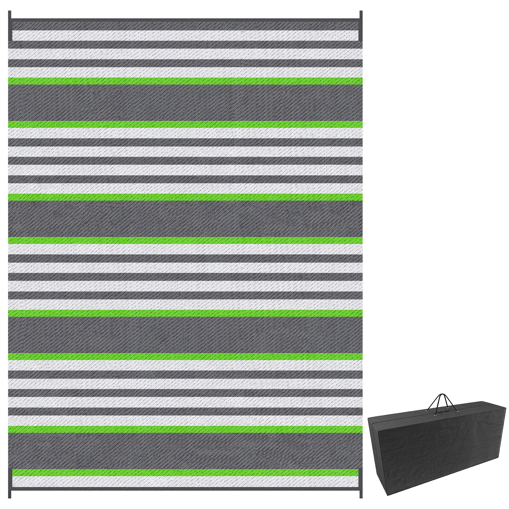 9' x12' Waterproof Outdoor Rug, Portable RV Camping & Beach Mat in Green & Gray Stripes