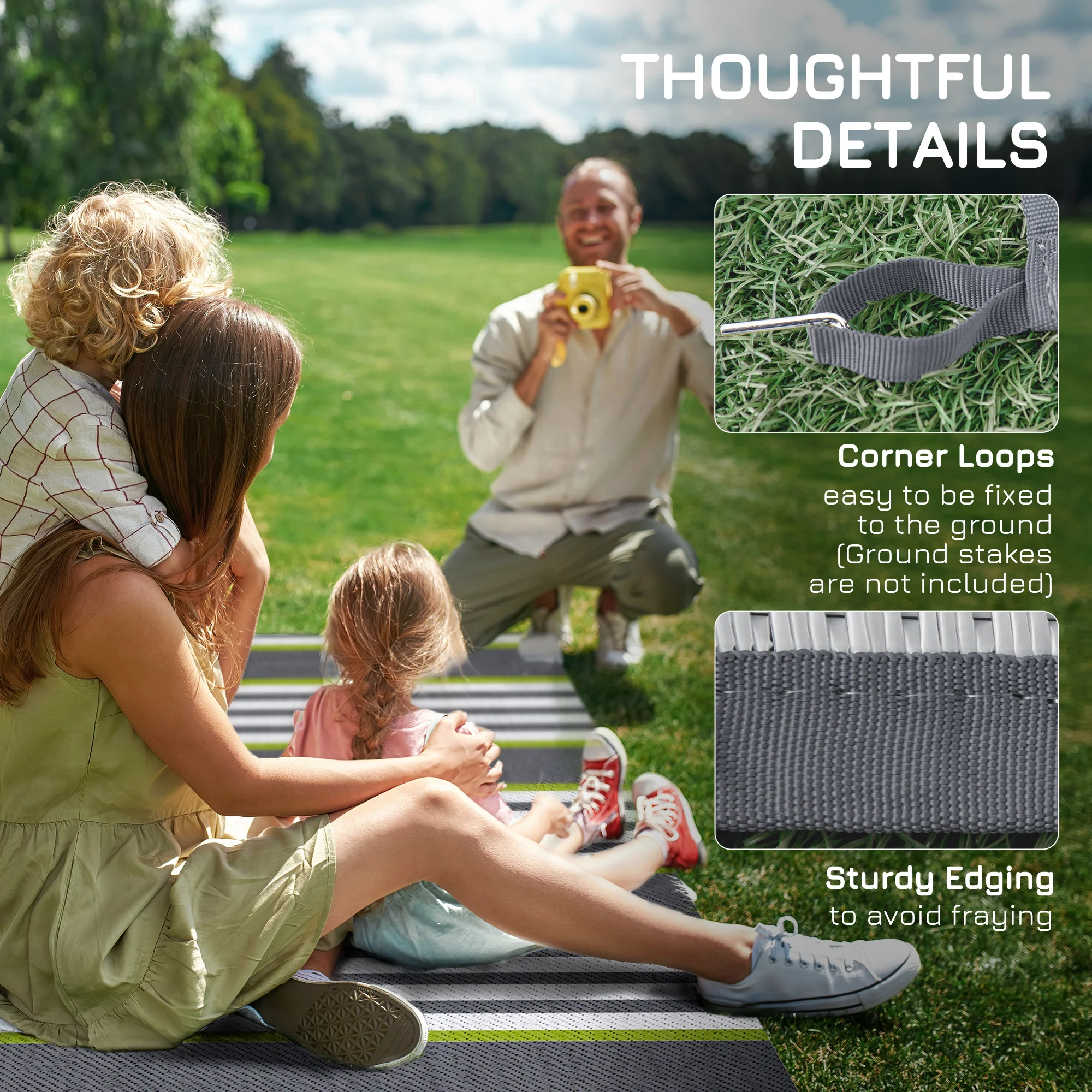 9' x12' Waterproof Outdoor Rug, Portable RV Camping & Beach Mat in Green & Gray Stripes - Image 10