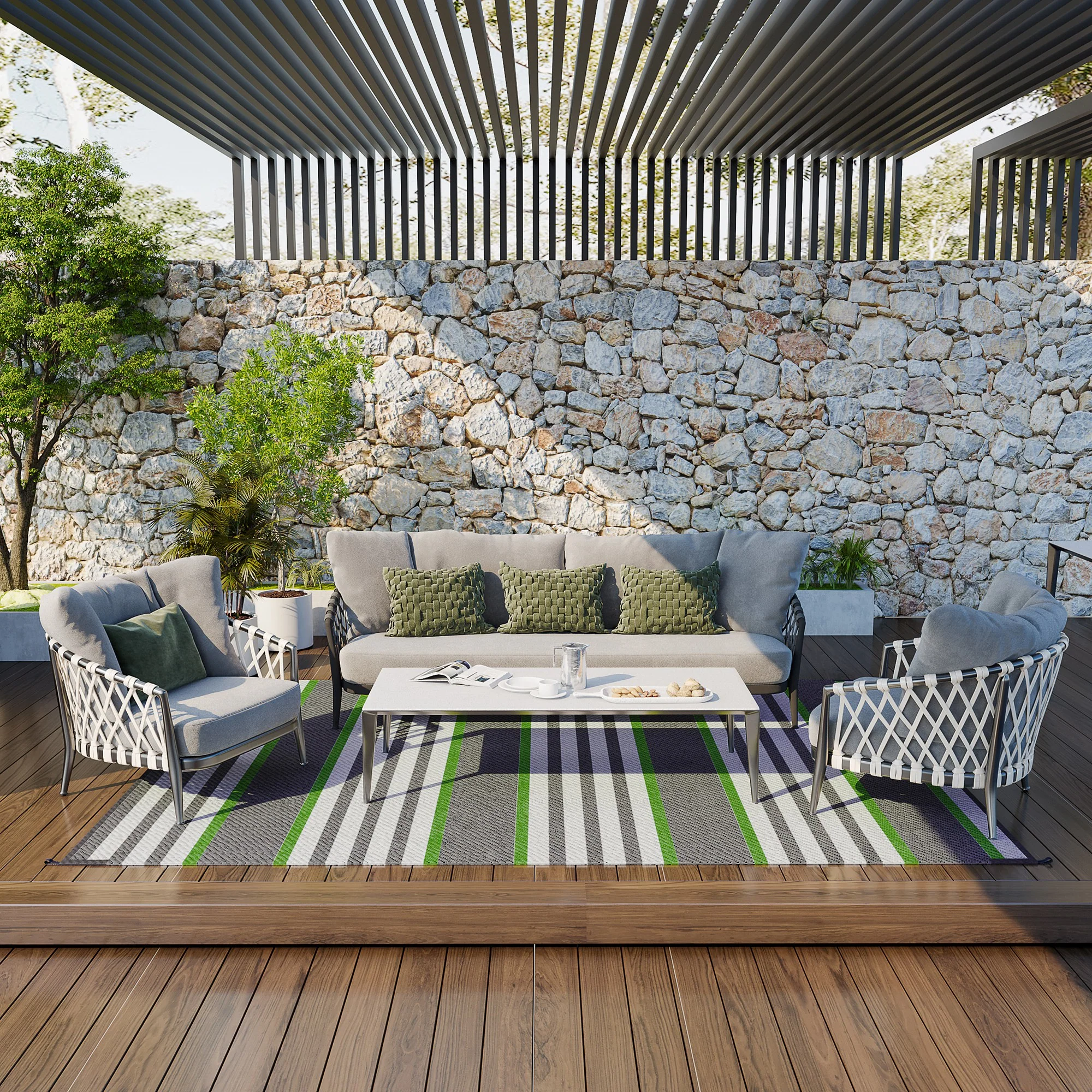9' x12' Waterproof Outdoor Rug, Portable RV Camping & Beach Mat in Green & Gray Stripes - Image 3