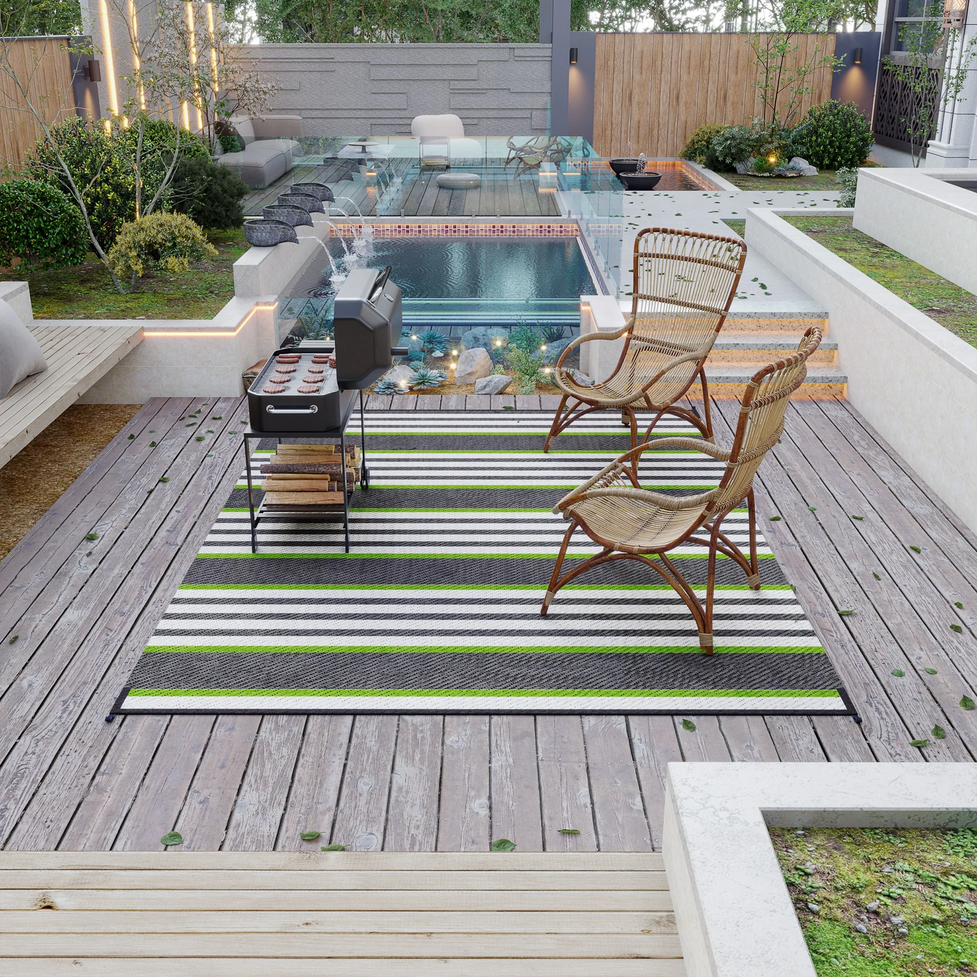9' x12' Waterproof Outdoor Rug, Portable RV Camping & Beach Mat in Green & Gray Stripes - Image 4