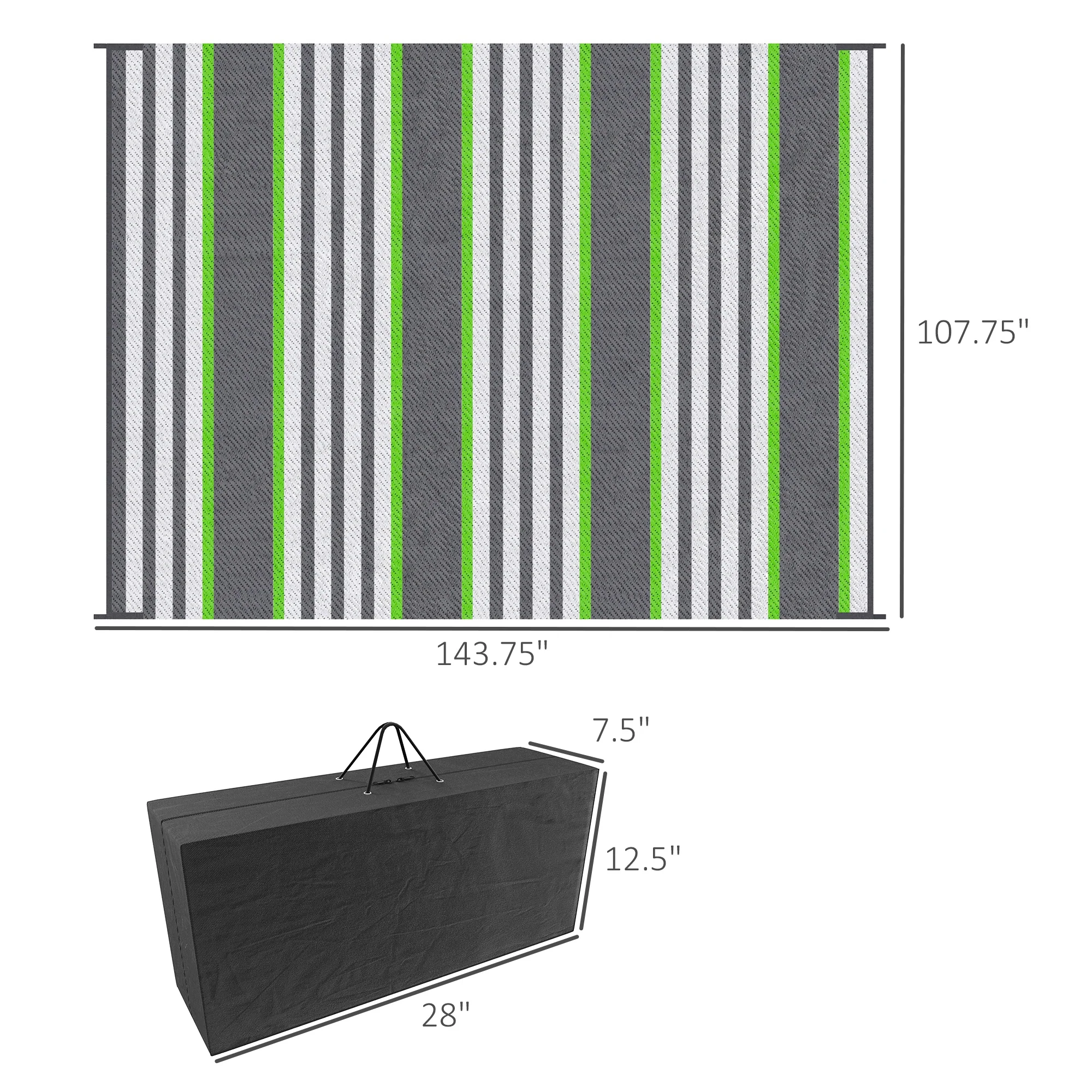 9' x12' Waterproof Outdoor Rug, Portable RV Camping & Beach Mat in Green & Gray Stripes - Image 5