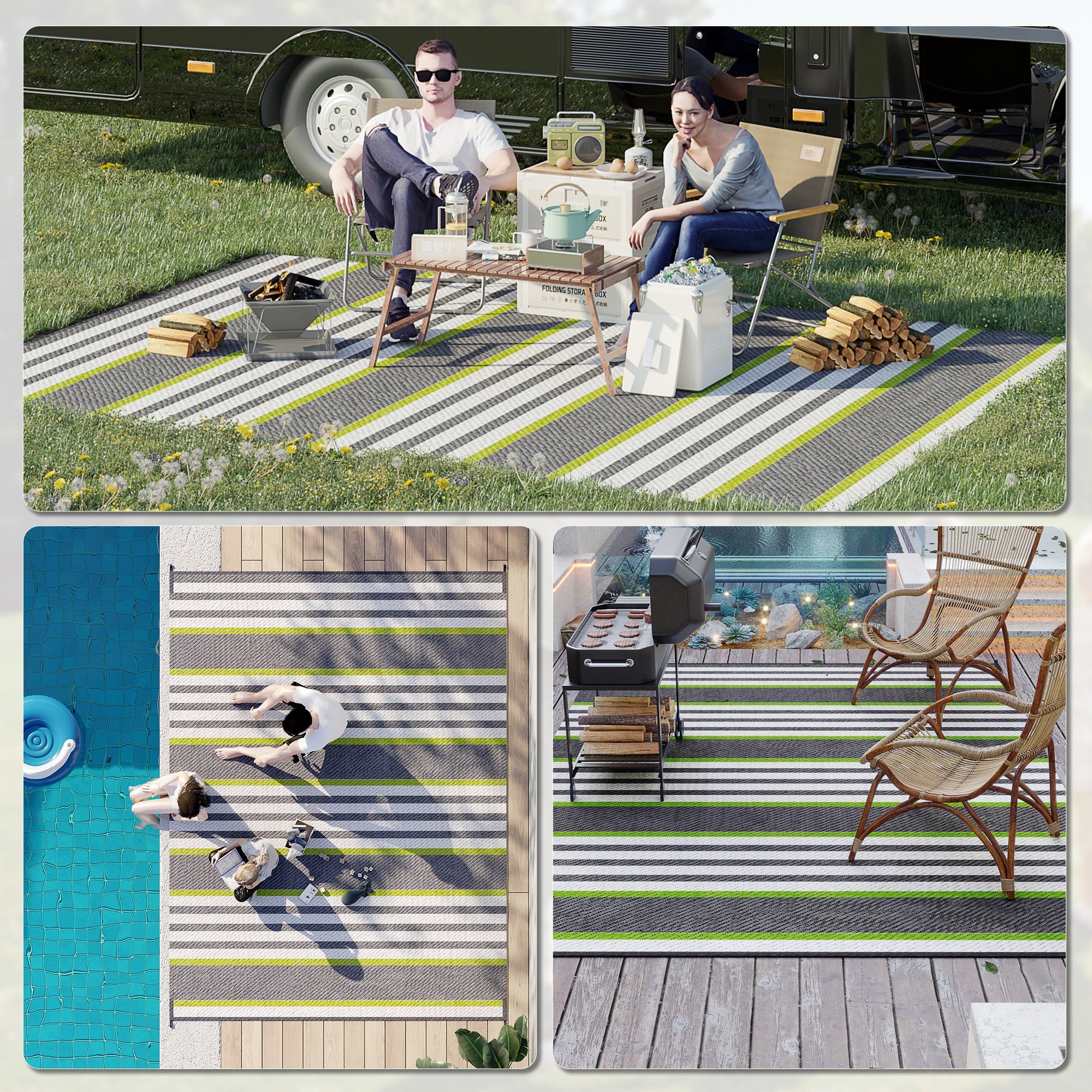9' x12' Waterproof Outdoor Rug, Portable RV Camping & Beach Mat in Green & Gray Stripes - Image 7