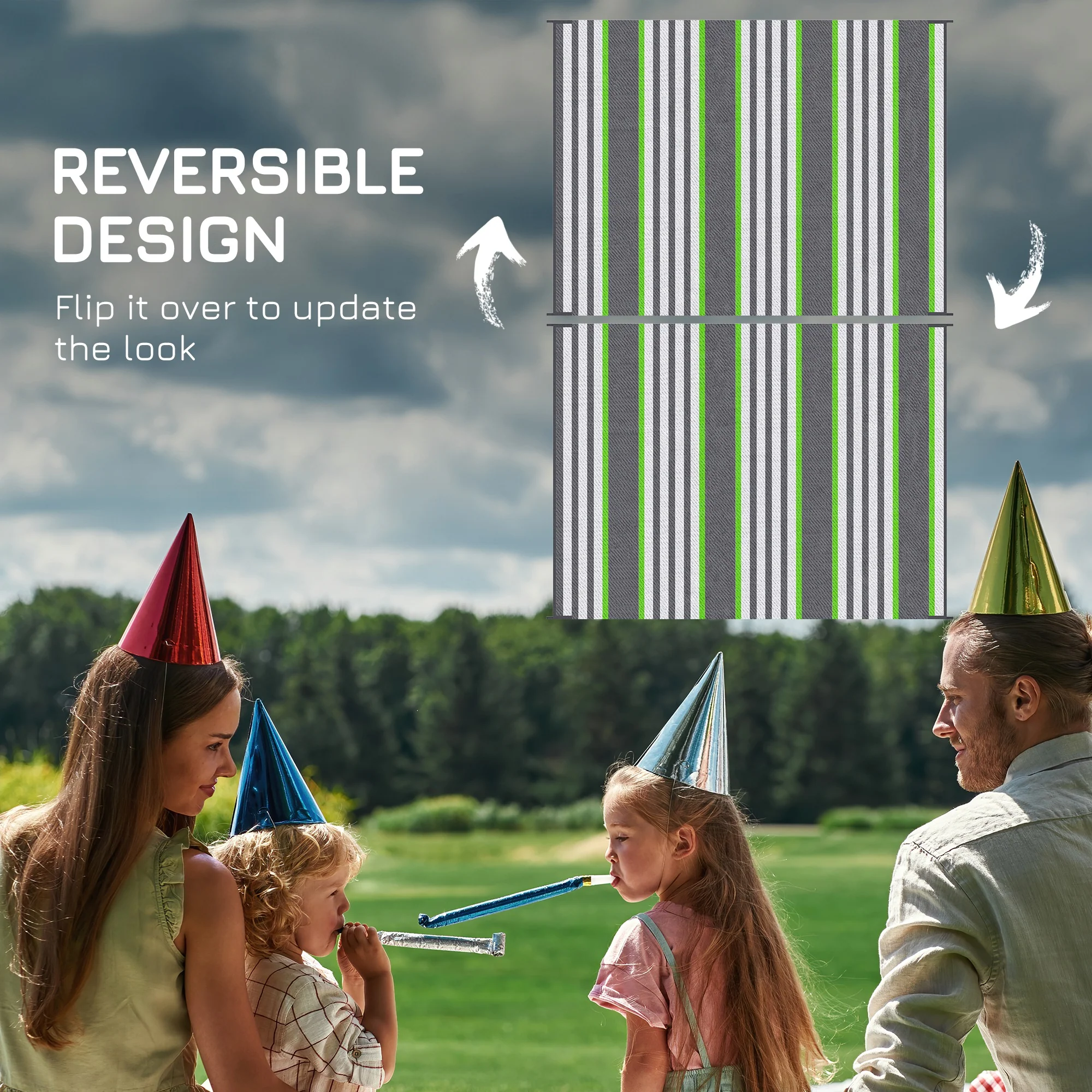 9' x12' Waterproof Outdoor Rug, Portable RV Camping & Beach Mat in Green & Gray Stripes - Image 9