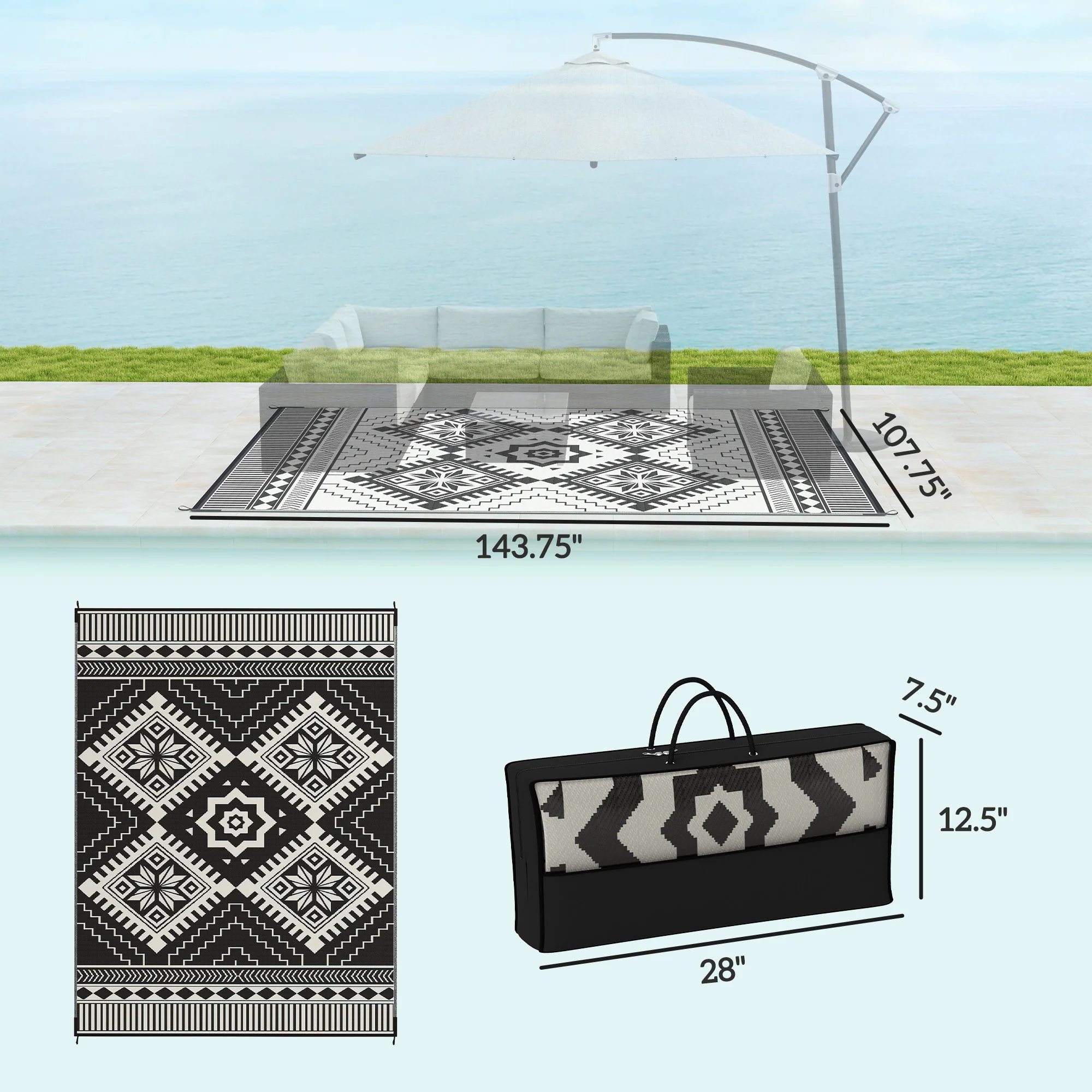 9' x 12' Reversible Outdoor Rug, Waterproof w/ Carry Bag, White & Black Toothed Rhombus - Image 5