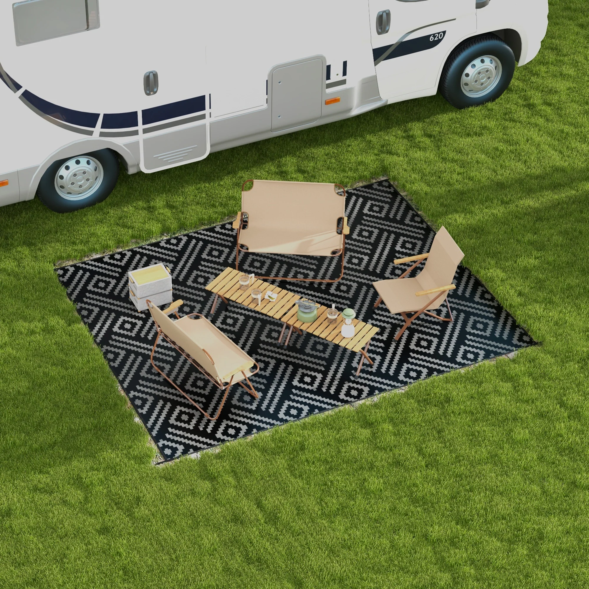 9' x 12' Reversible Camping Rug with Carry Bag, Black & Gray Geometric - Image 4