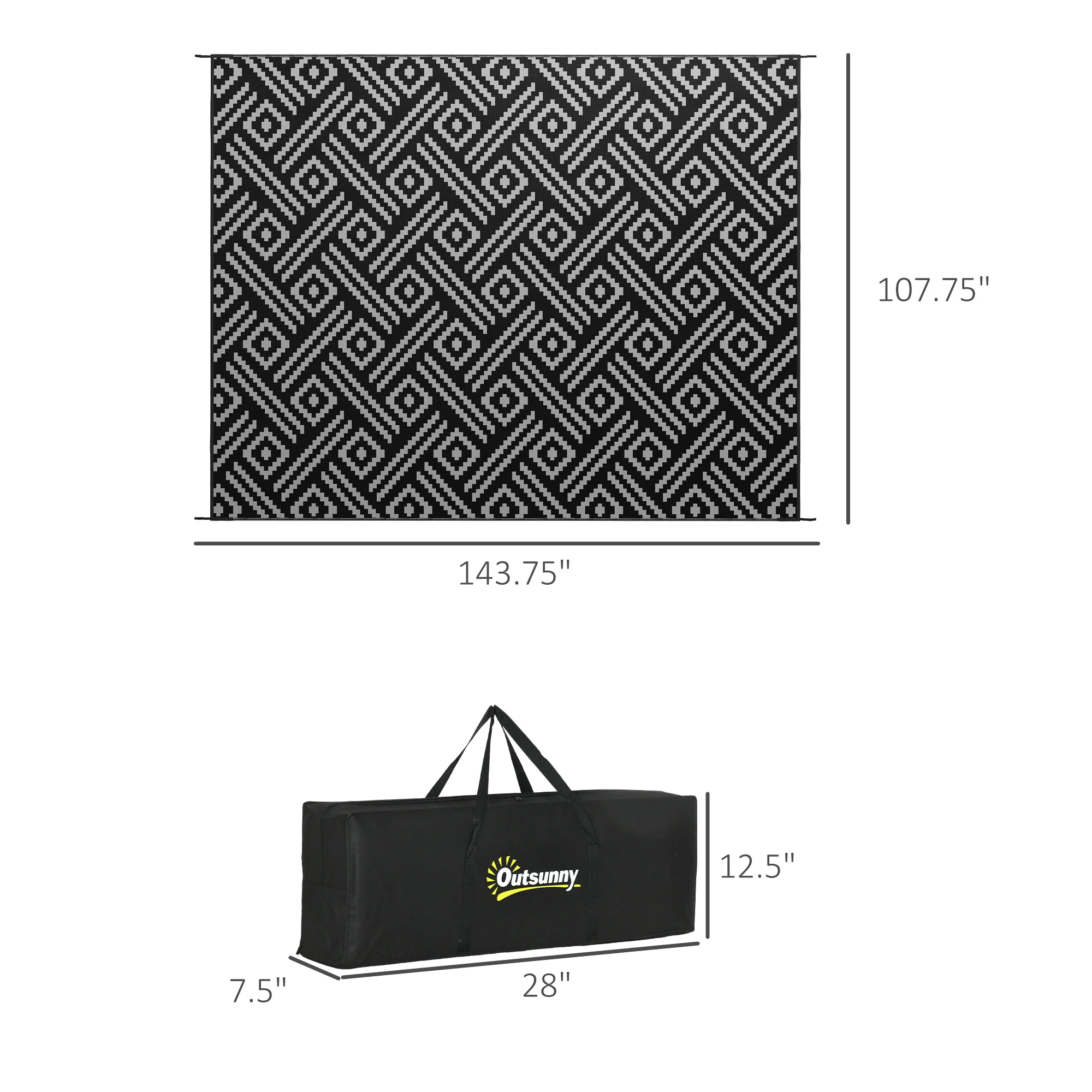 9' x 12' Reversible Camping Rug with Carry Bag, Black & Gray Geometric - Image 5