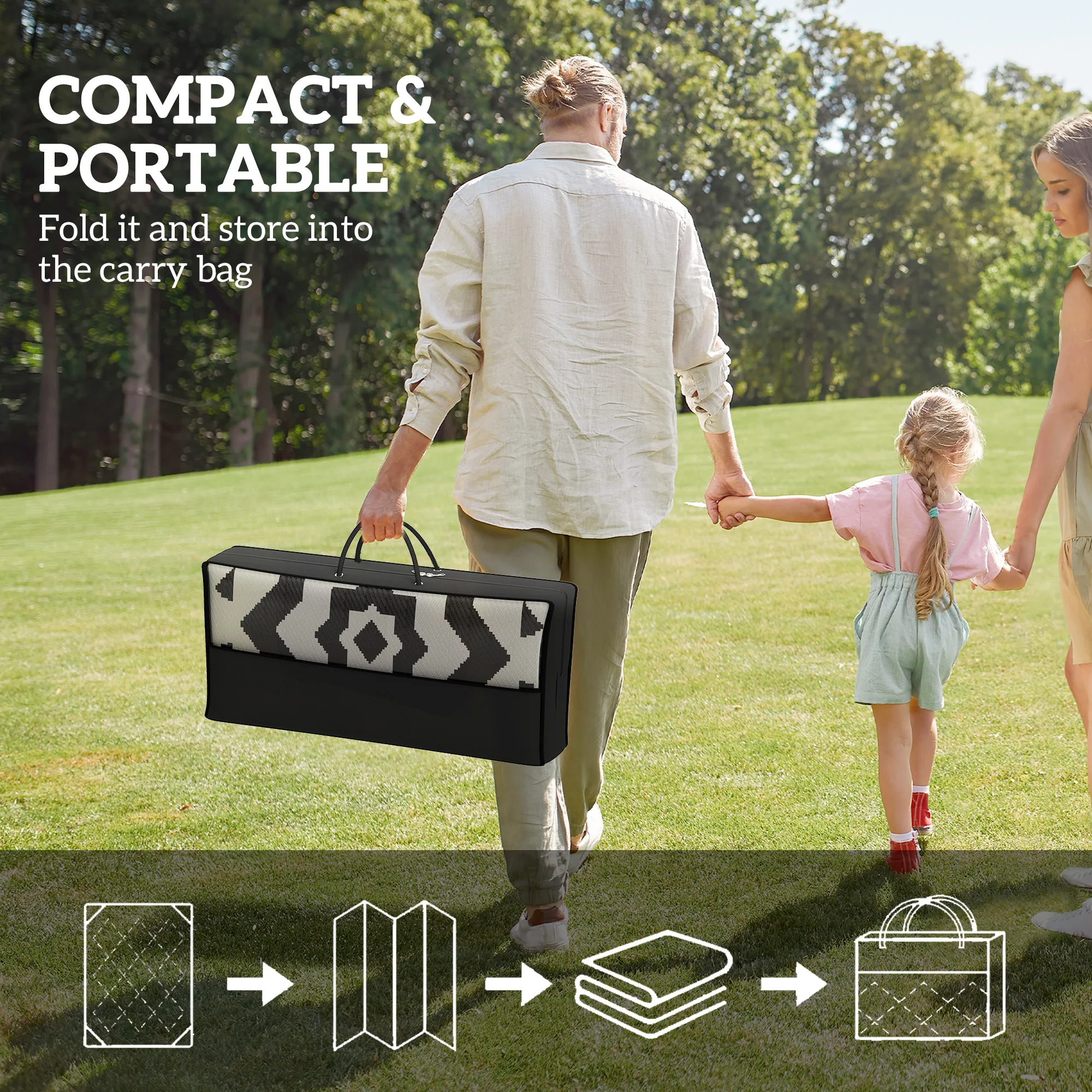 9' x 12' Reversible Outdoor Rug, Waterproof w/ Carry Bag, White & Black Toothed Rhombus - Image 6
