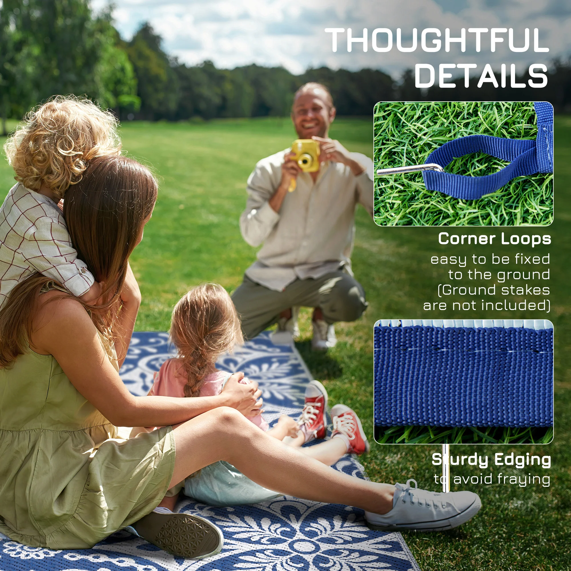 9' x 12' Reversible Waterproof Outdoor Rug, Blue & White Floral Design for Deck, Beach, Camping - Image 10