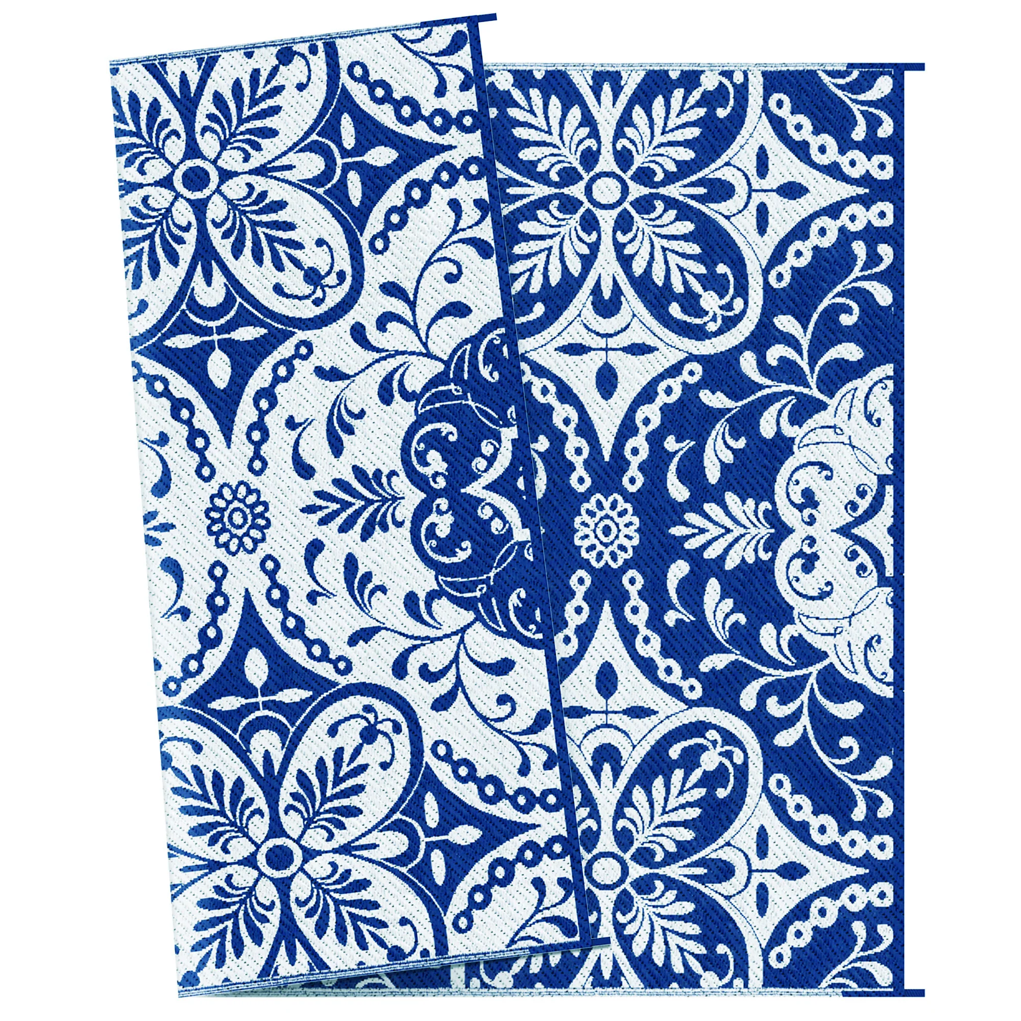 9' x 12' Reversible Waterproof Outdoor Rug, Blue & White Floral Design for Deck, Beach, Camping - Image 11