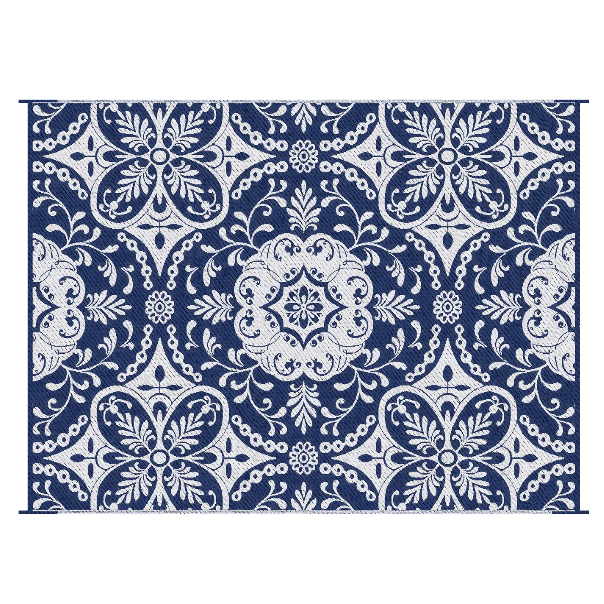 9' x 12' Reversible Waterproof Outdoor Rug, Blue & White Floral Design for Deck, Beach, Camping - Image 12