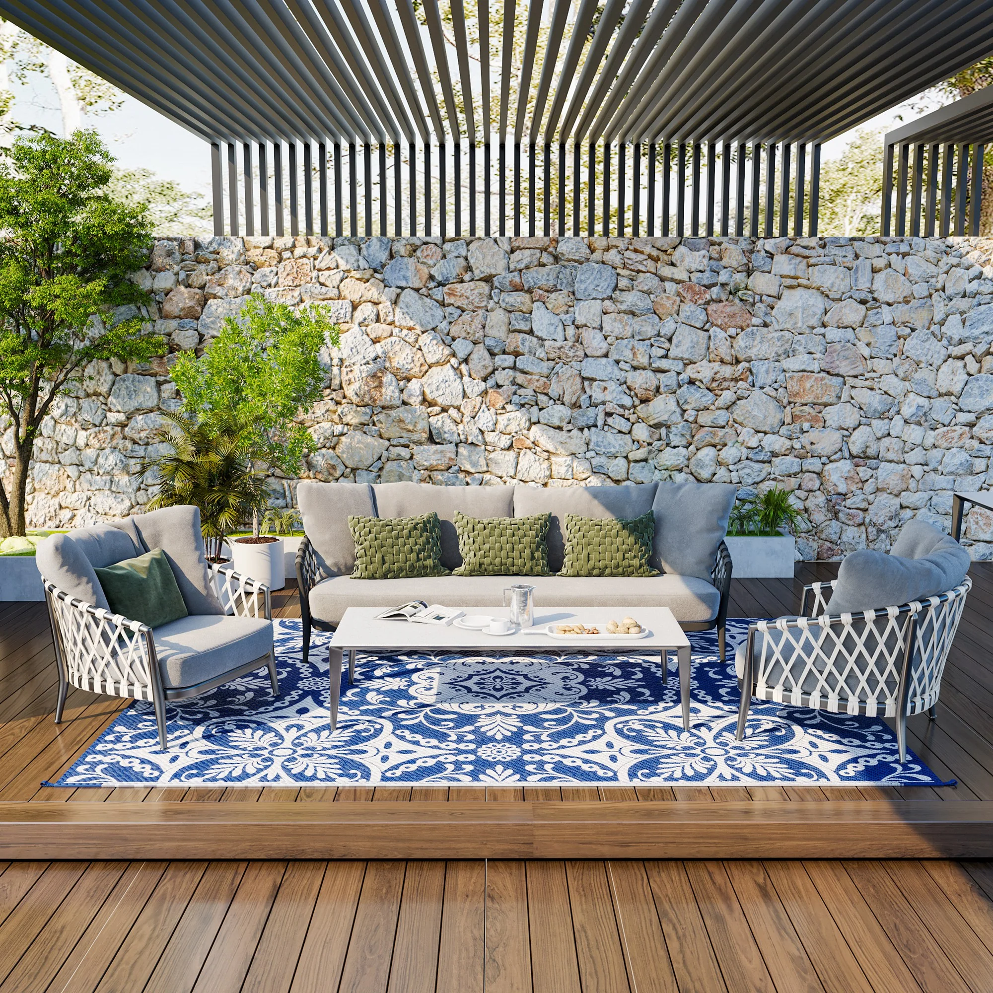 9' x 12' Reversible Waterproof Outdoor Rug, Blue & White Floral Design for Deck, Beach, Camping - Image 3