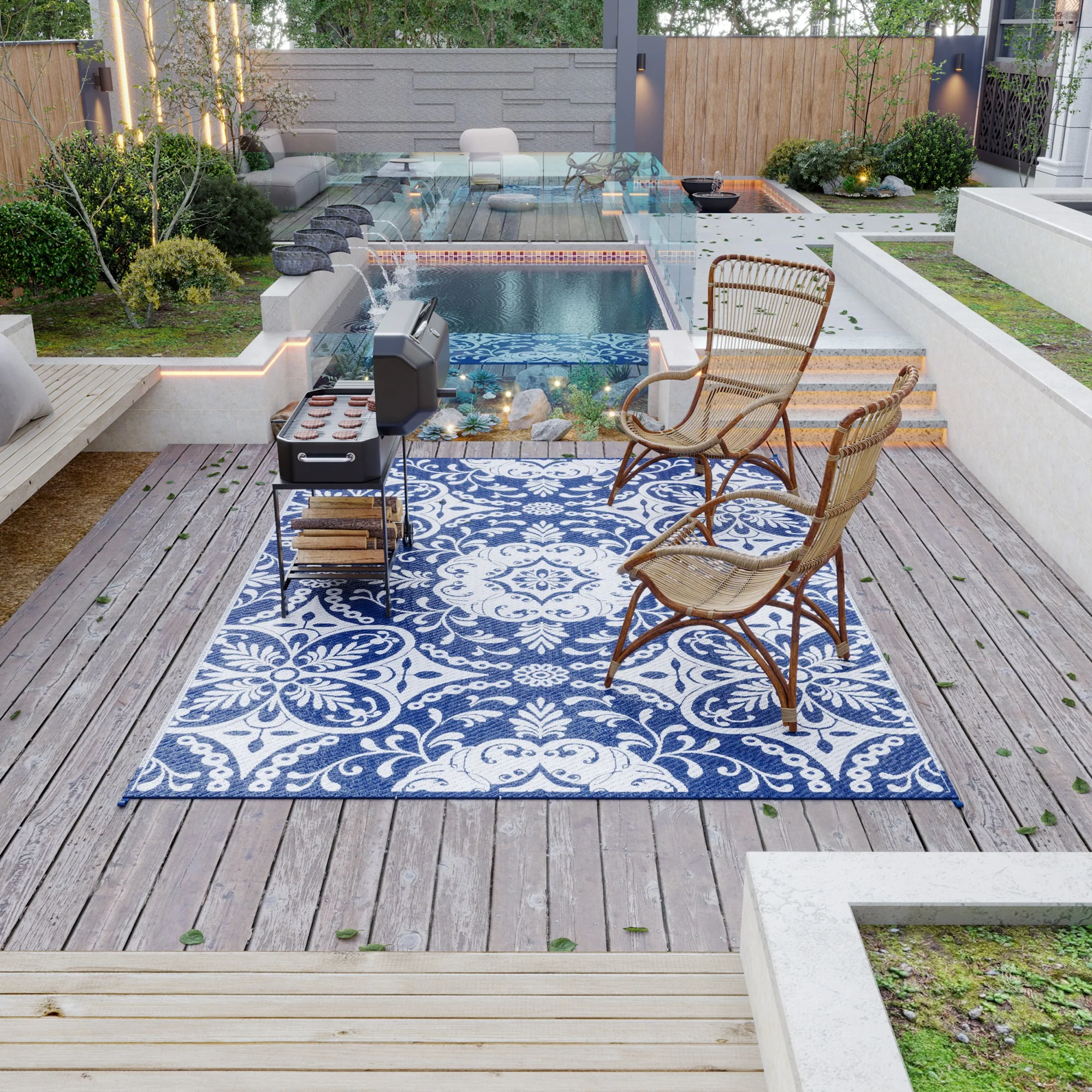 9' x 12' Reversible Waterproof Outdoor Rug, Blue & White Floral Design for Deck, Beach, Camping - Image 4