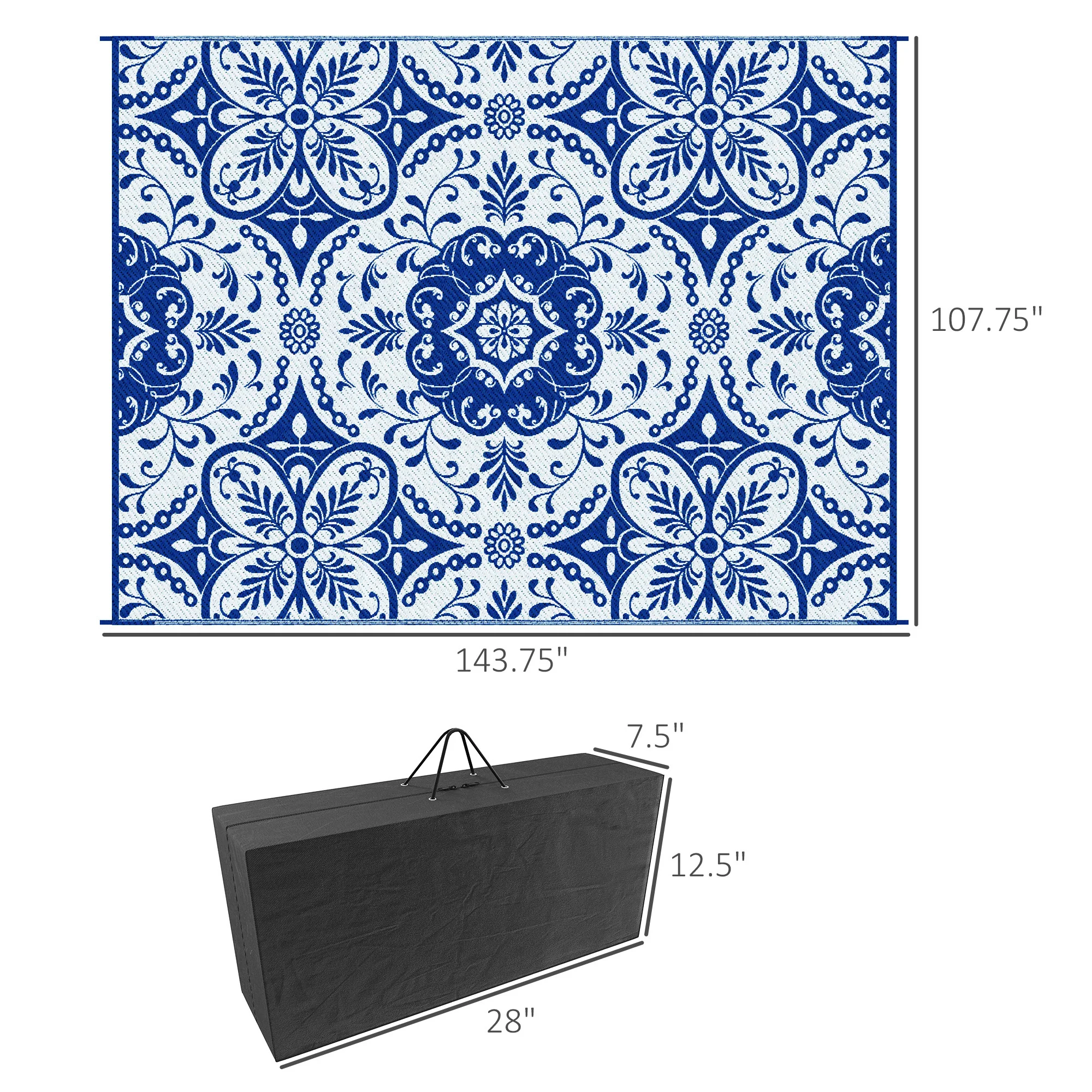 9' x 12' Reversible Waterproof Outdoor Rug, Blue & White Floral Design for Deck, Beach, Camping - Image 5