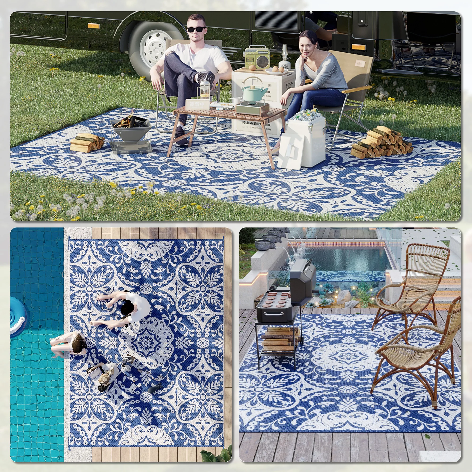 9' x 12' Reversible Waterproof Outdoor Rug, Blue & White Floral Design for Deck, Beach, Camping - Image 7