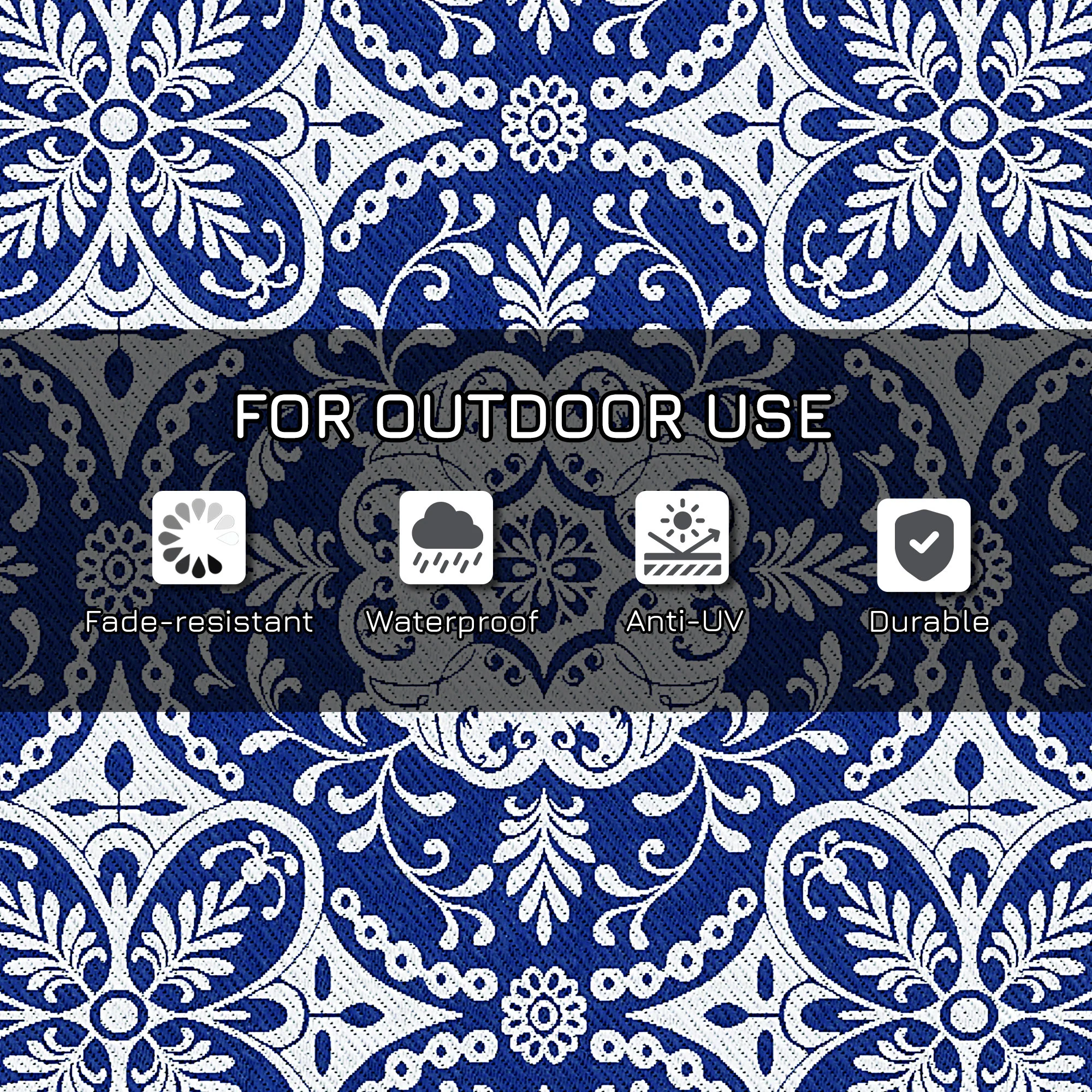 9' x 12' Reversible Waterproof Outdoor Rug, Blue & White Floral Design for Deck, Beach, Camping - Image 8