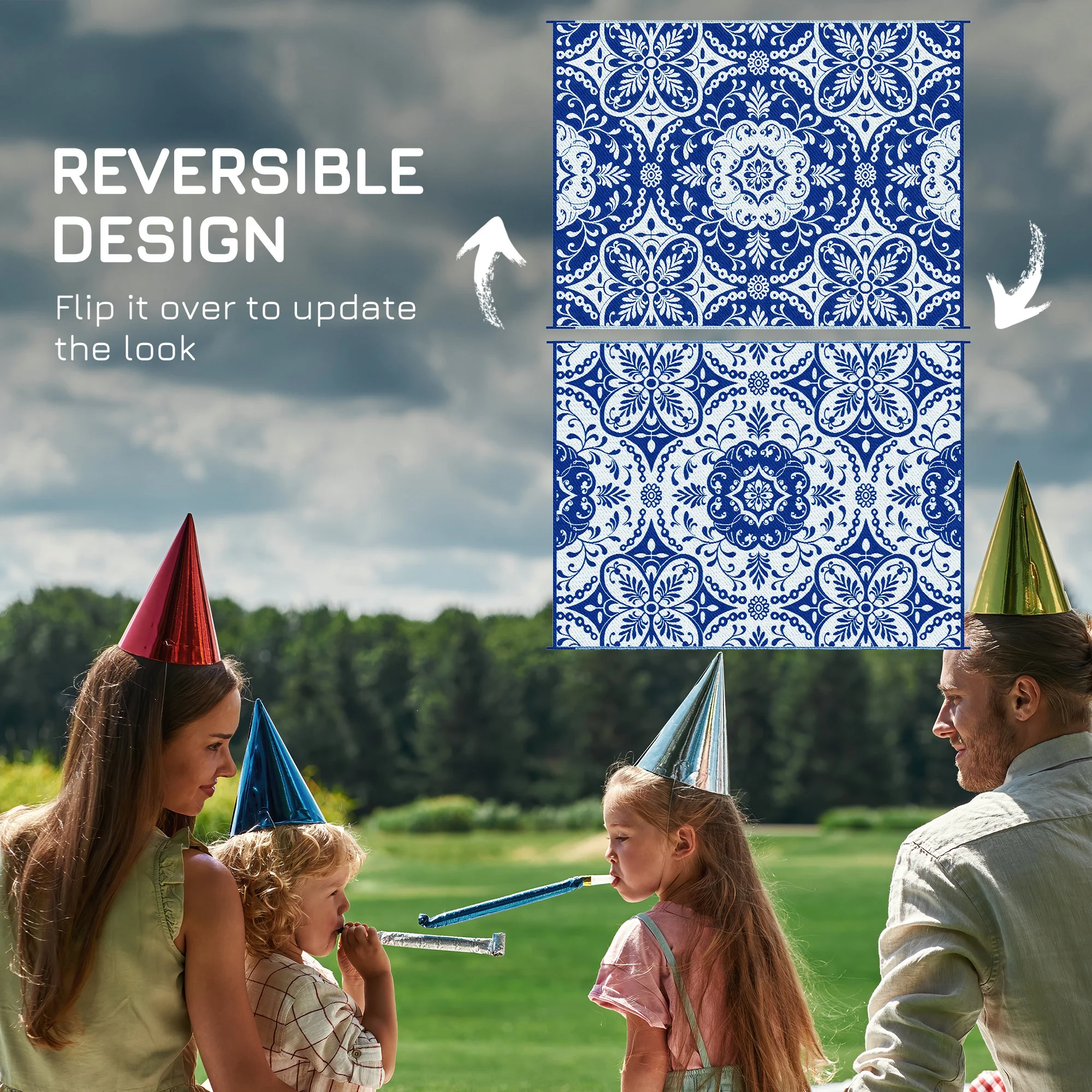 9' x 12' Reversible Waterproof Outdoor Rug, Blue & White Floral Design for Deck, Beach, Camping - Image 9
