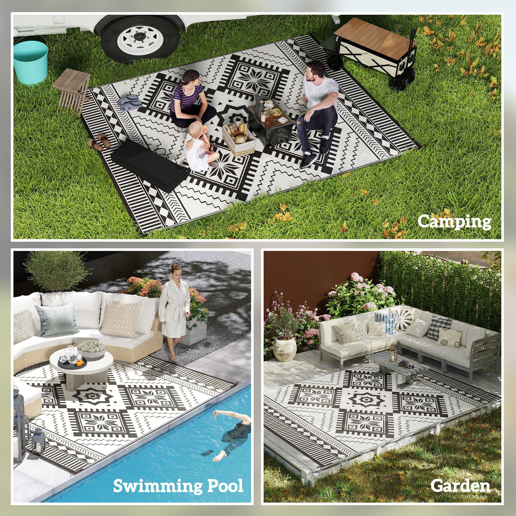 9' x 12' Reversible Outdoor Rug, Waterproof w/ Carry Bag, White & Black Toothed Rhombus - Image 7