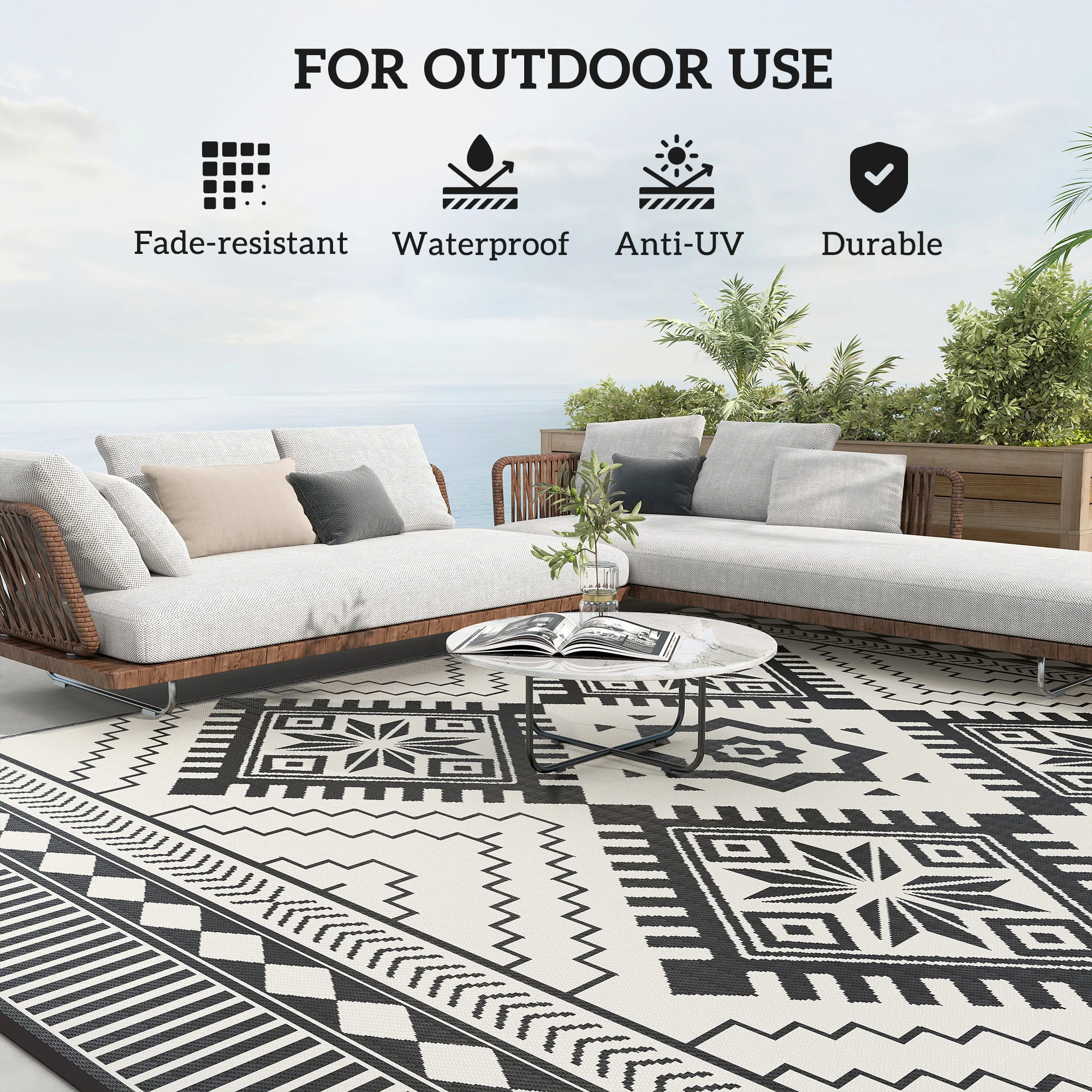9' x 12' Reversible Outdoor Rug, Waterproof w/ Carry Bag, White & Black Toothed Rhombus - Image 8