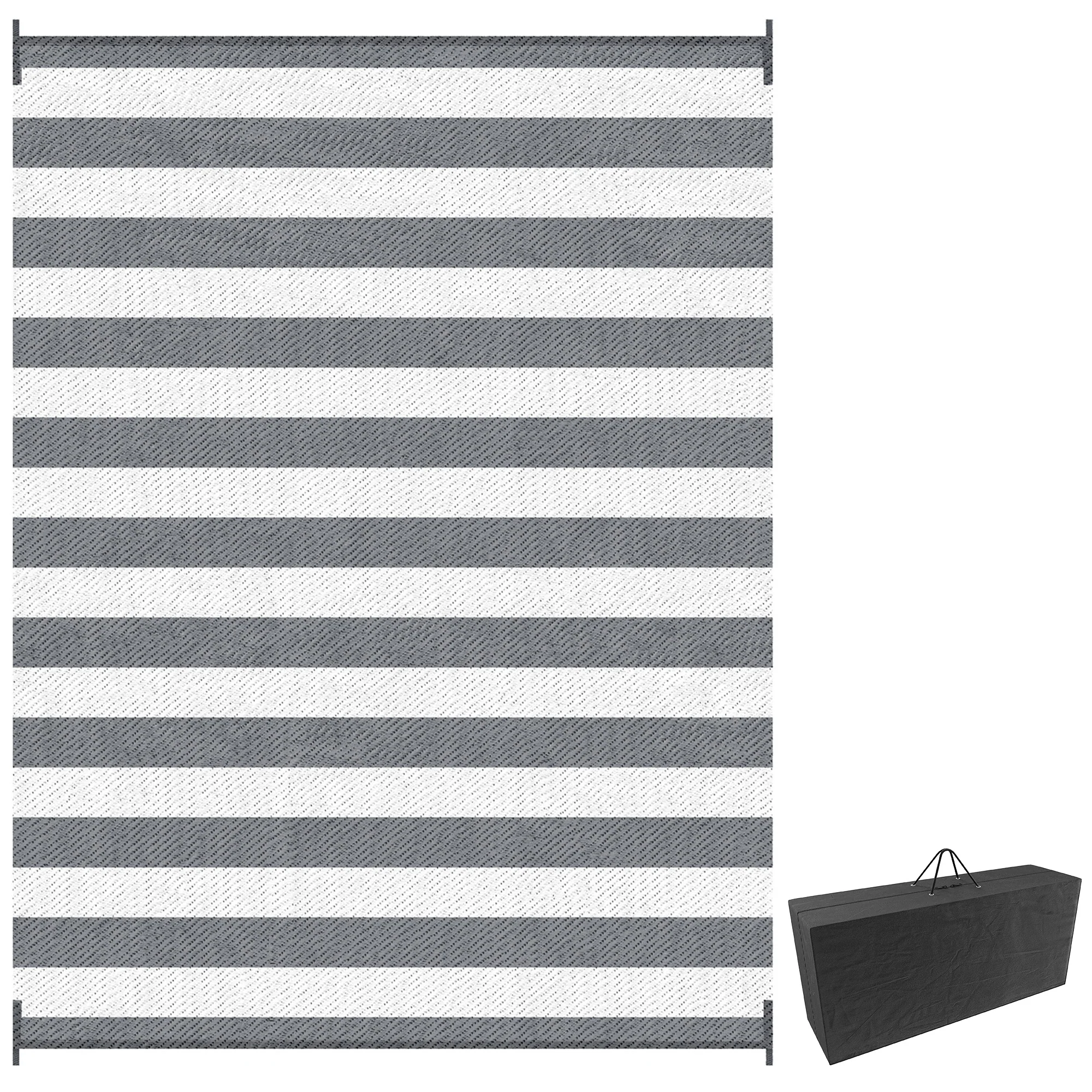 9' x 12' Waterproof Plastic Straw Outdoor Floor Mat, Gray & White Striped Design