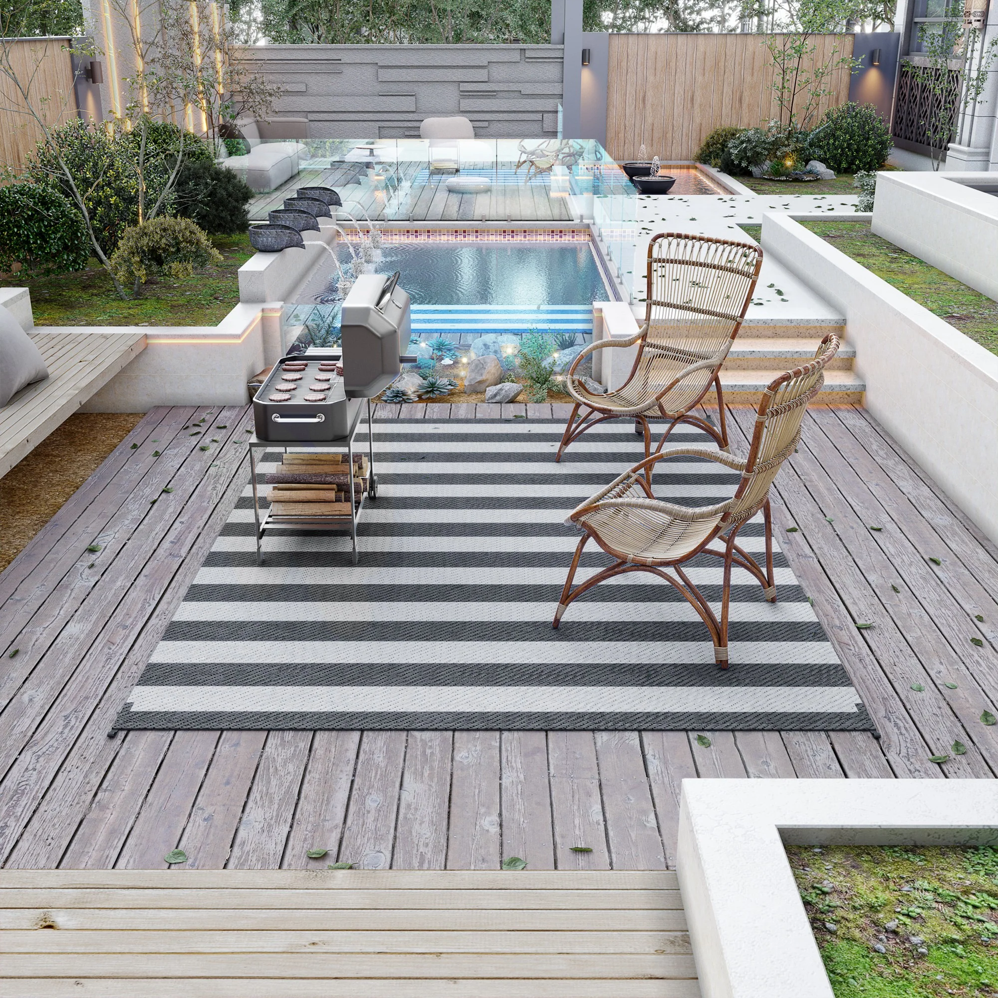 9' x 12' Waterproof Plastic Straw Outdoor Floor Mat, Gray & White Striped Design - Image 4