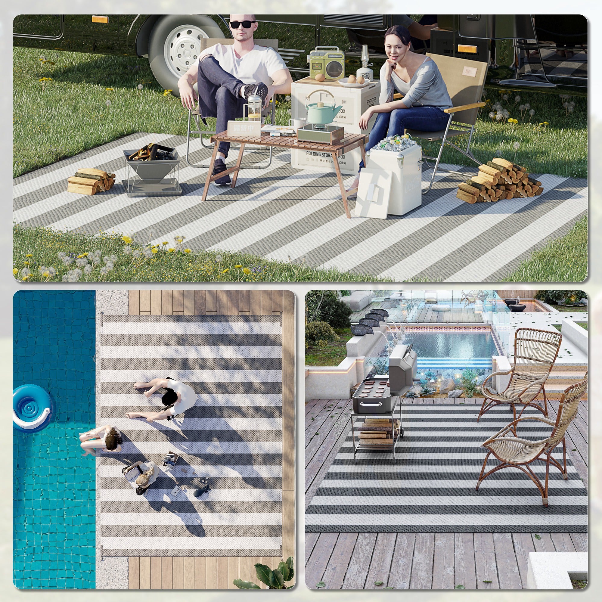 9' x 12' Waterproof Plastic Straw Outdoor Floor Mat, Gray & White Striped Design - Image 7
