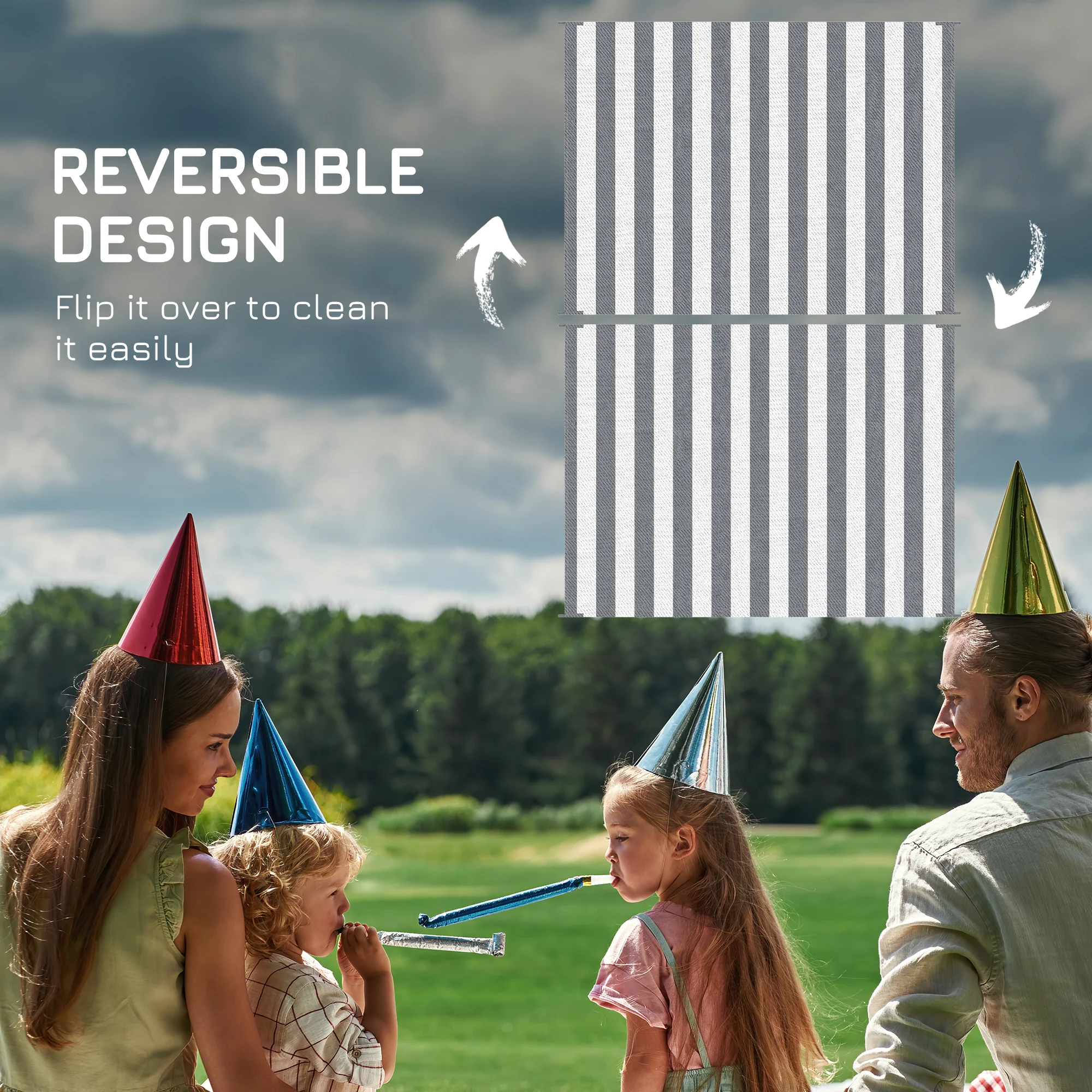 9' x 12' Waterproof Plastic Straw Outdoor Floor Mat, Gray & White Striped Design - Image 9
