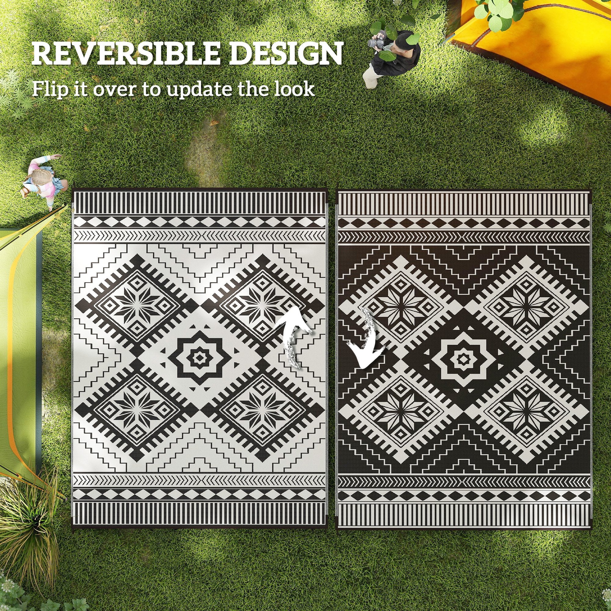 9' x 12' Reversible Outdoor Rug, Waterproof w/ Carry Bag, White & Black Toothed Rhombus - Image 9