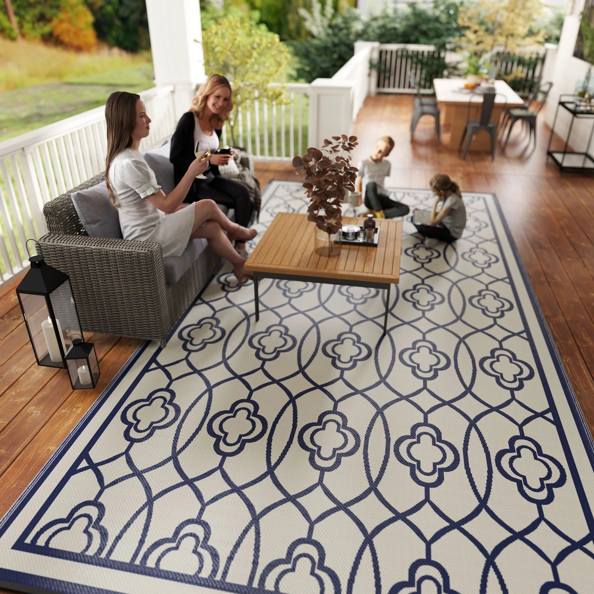 9' x 18' Reversible Waterproof Outdoor Rug, Blue & White Lantern - Image 11