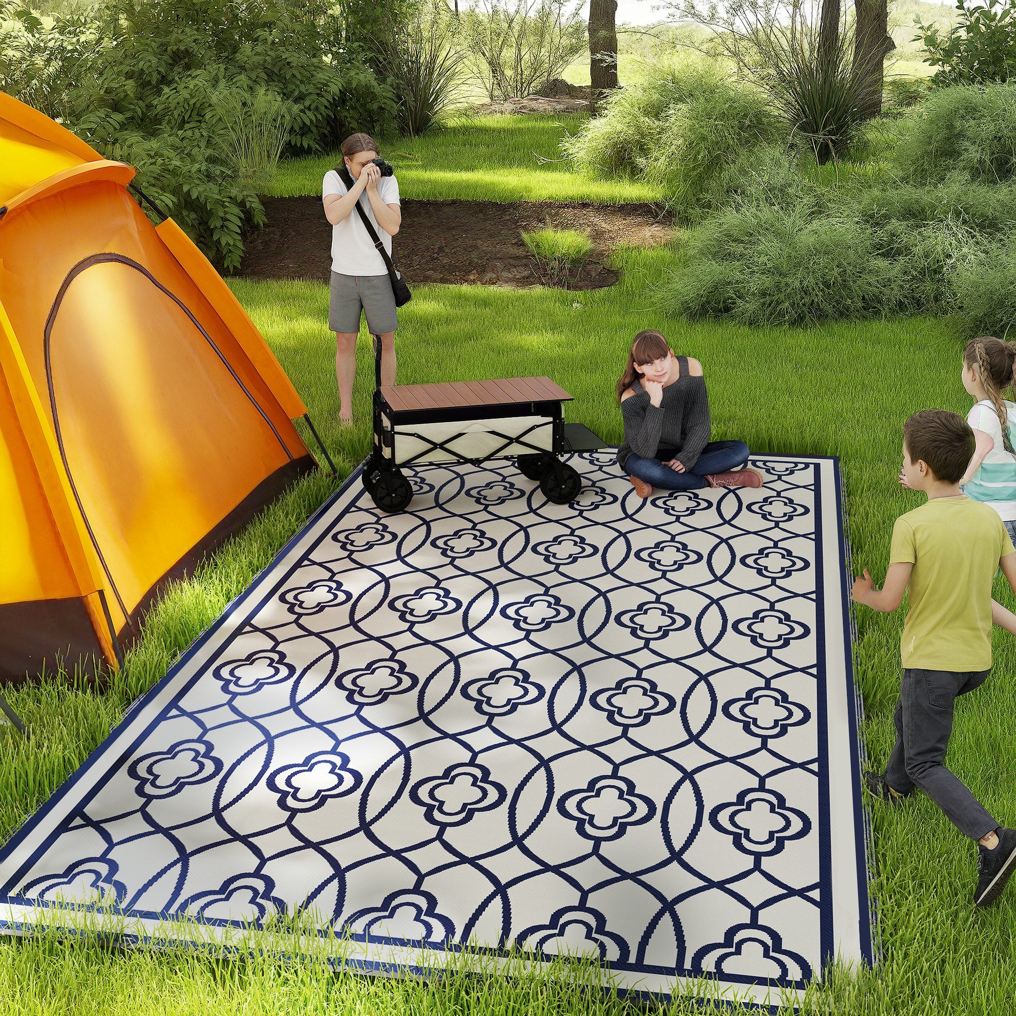 9' x 18' Reversible Waterproof Outdoor Rug, Blue & White Lantern - Image 3