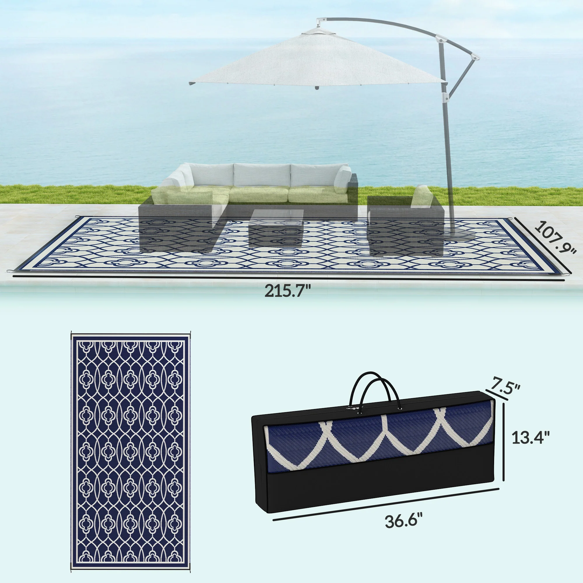 9' x 18' Reversible Waterproof Outdoor Rug, Blue & White Lantern - Image 5