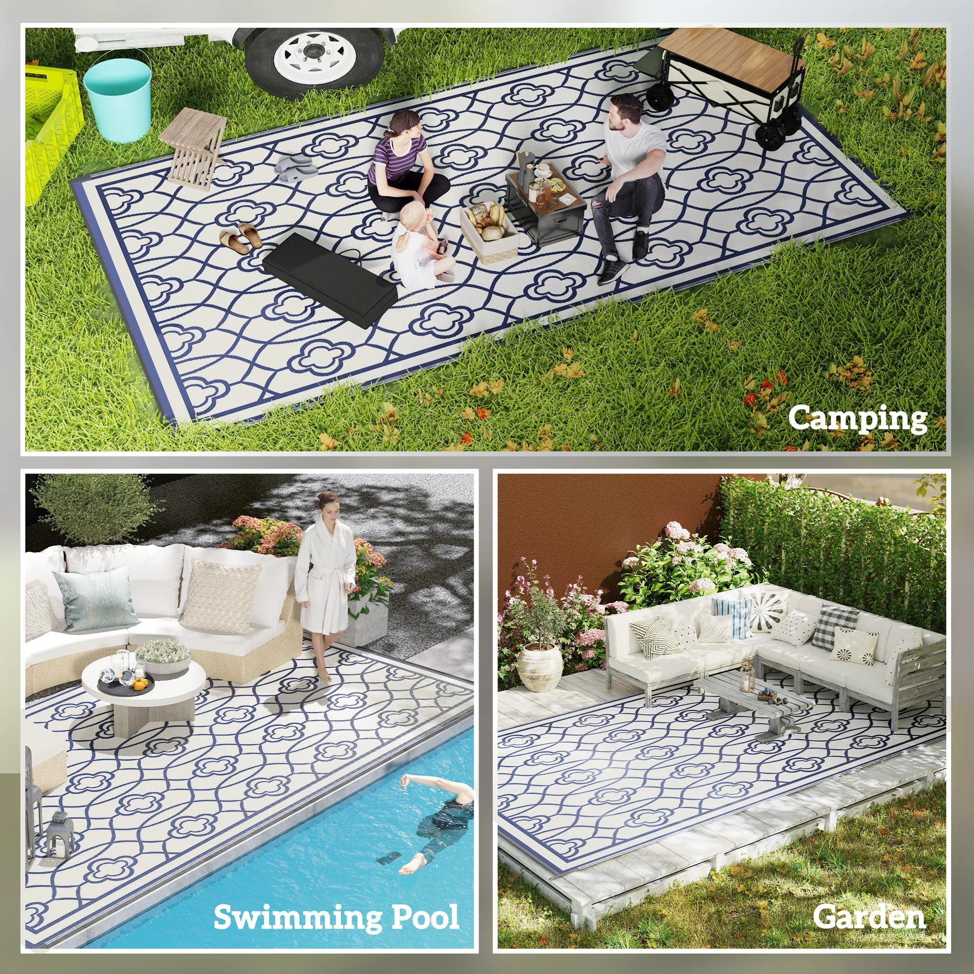 9' x 18' Reversible Waterproof Outdoor Rug, Blue & White Lantern - Image 7