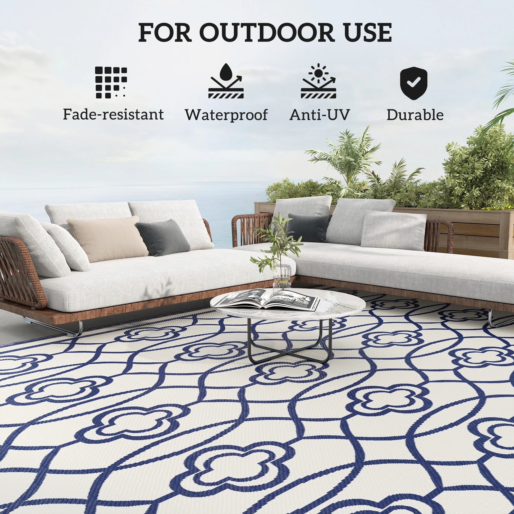 9' x 18' Reversible Waterproof Outdoor Rug, Blue & White Lantern - Image 8