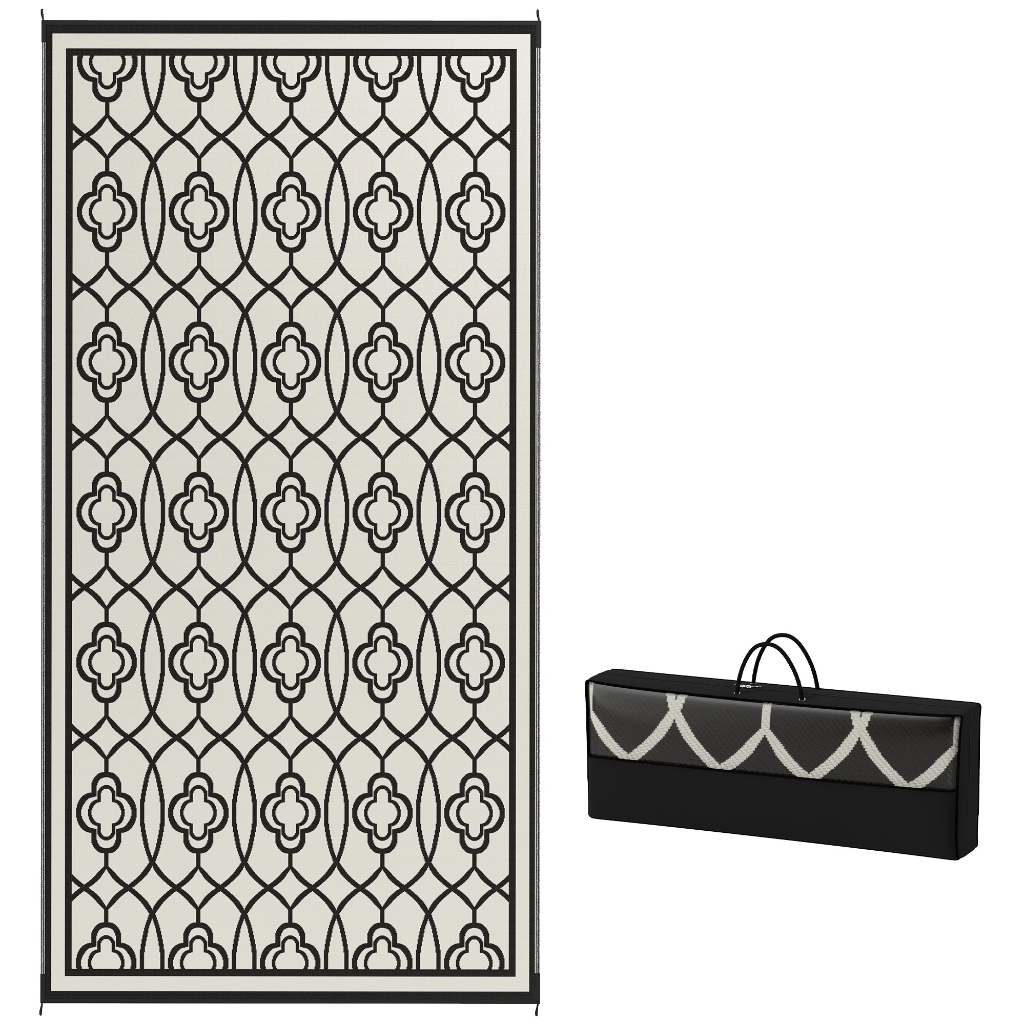 9' x 18' Reversible Outdoor Rug Waterproof Plastic Straw with Carry Bag Black & White Lantern