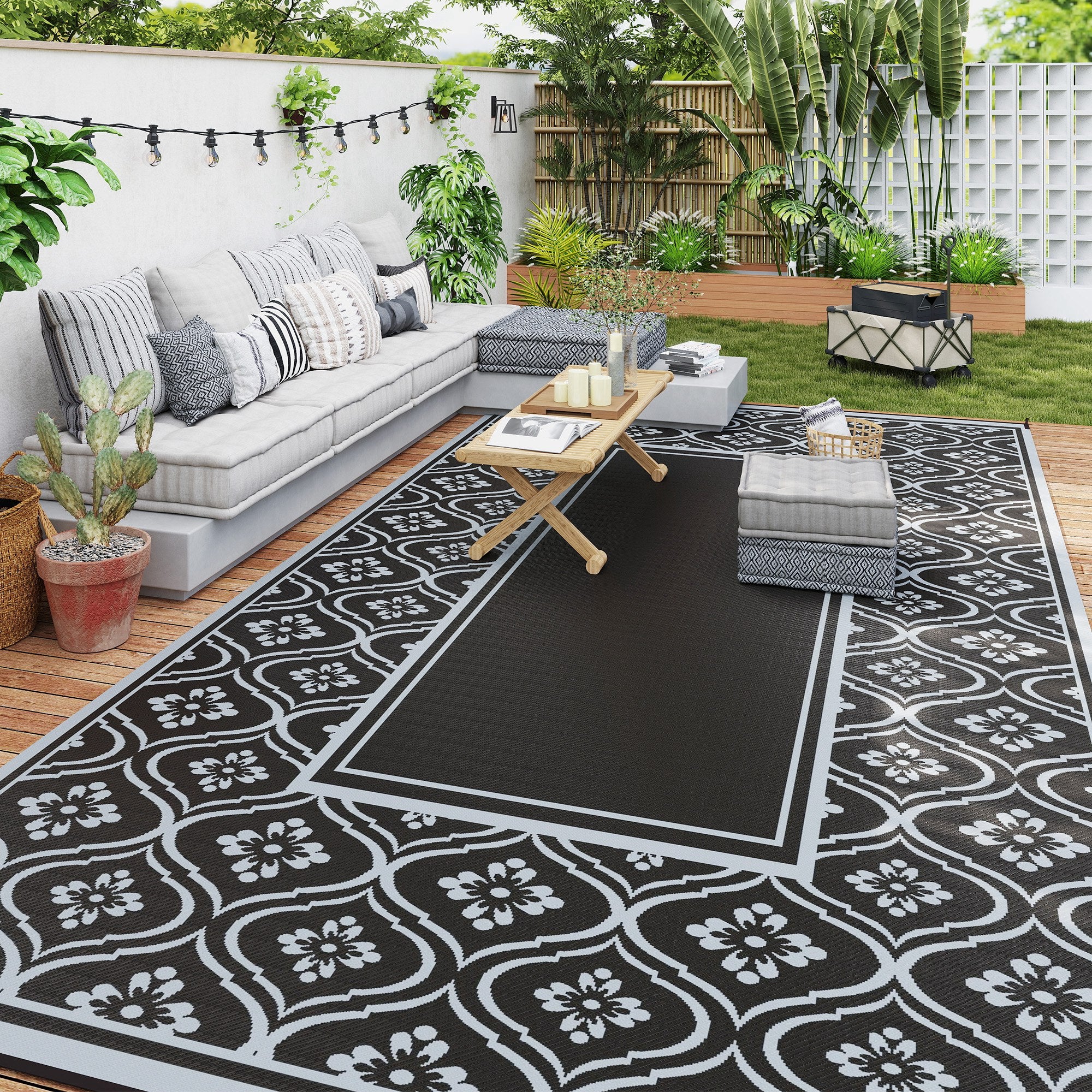 9' x 18' Reversible Waterproof Outdoor Rug with Carry Bag, Black & Gray Border - Image 4