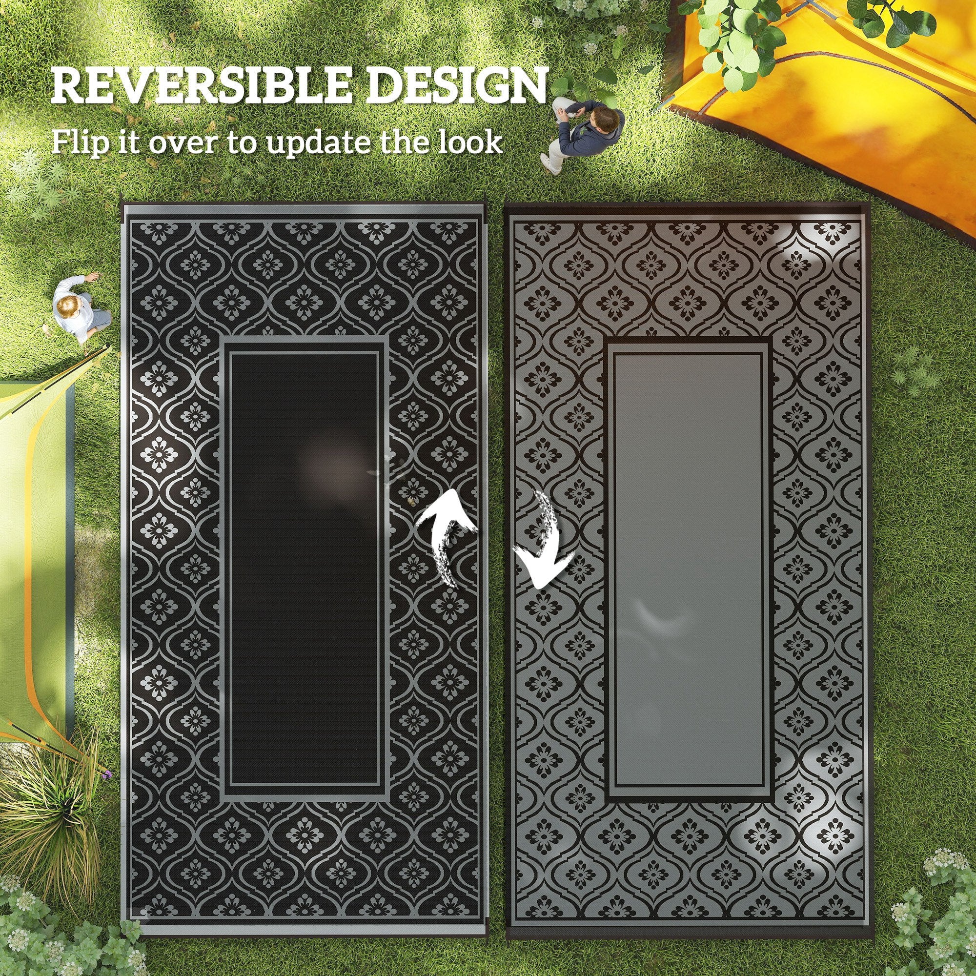 9' x 18' Reversible Waterproof Outdoor Rug with Carry Bag, Black & Gray Border - Image 9