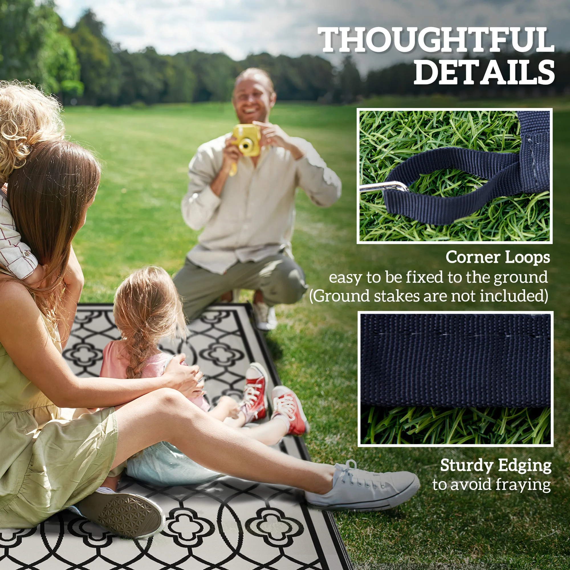 9' x 18' Reversible Outdoor Rug Waterproof Plastic Straw with Carry Bag Black & White Lantern - Image 10