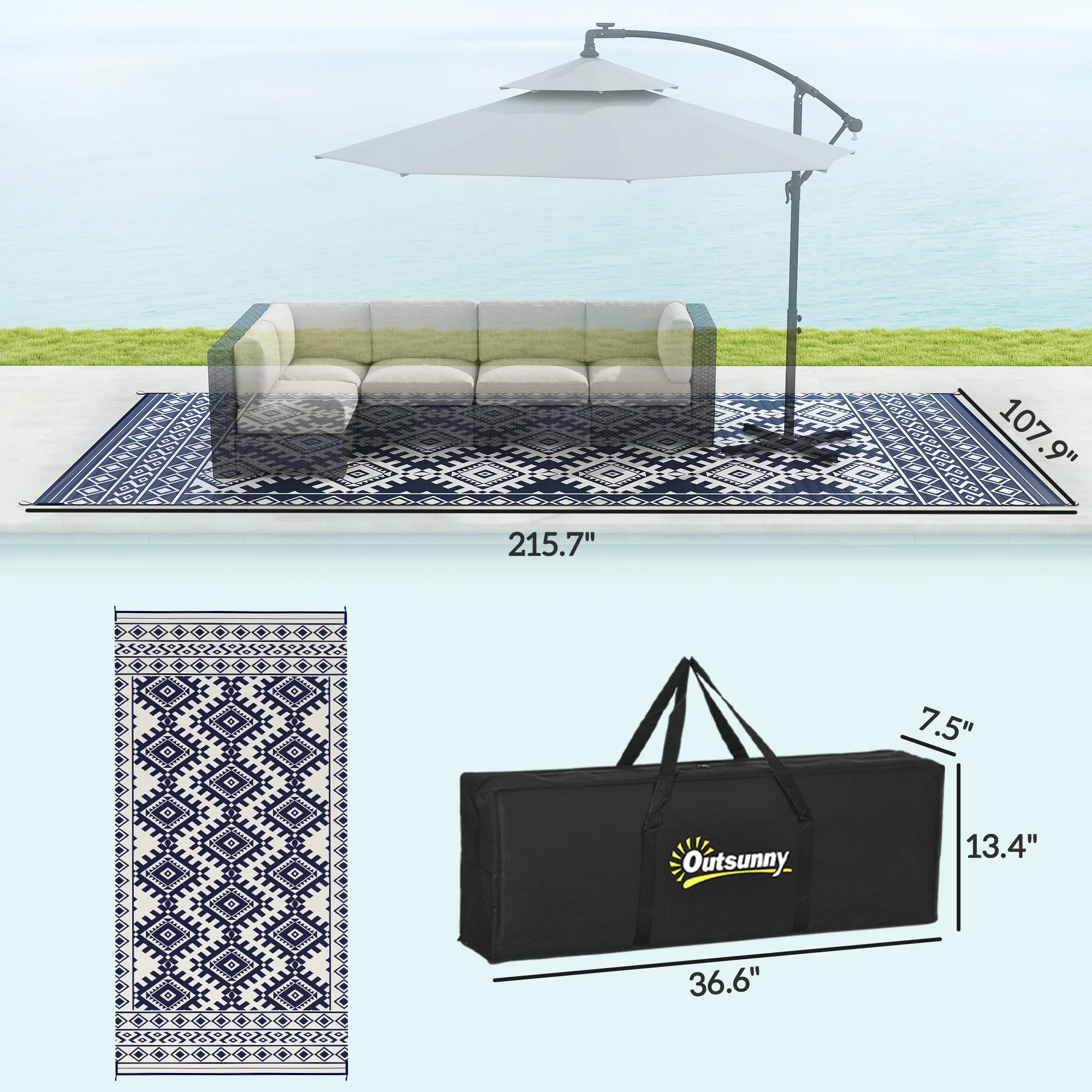 Reversible Outdoor Rug, 9' x 18' Waterproof Plastic Straw Floor Mat, Portable RV Camping Carpet, Large Floor Mat for Backyard, Deck, Picnic, Beach, Blue & White Rhombus Border - Image 5