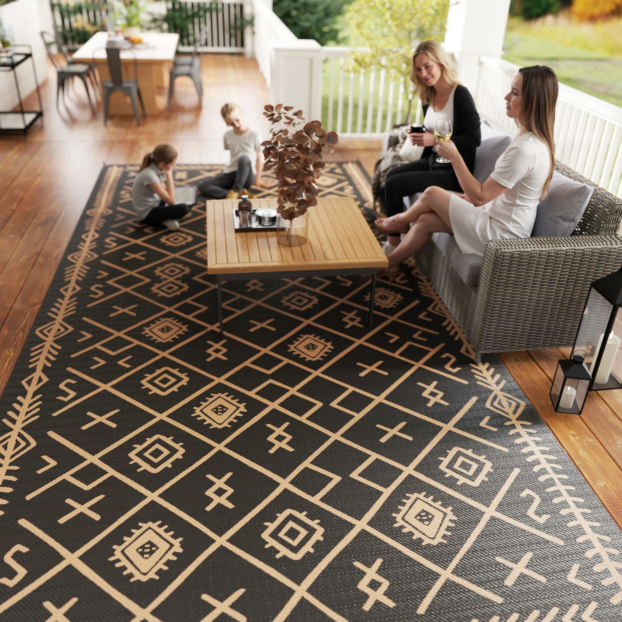 9' x 18' Reversible Outdoor Rug, Waterproof Plastic Straw, Black & Brown Rhombus Pattern - Image 11