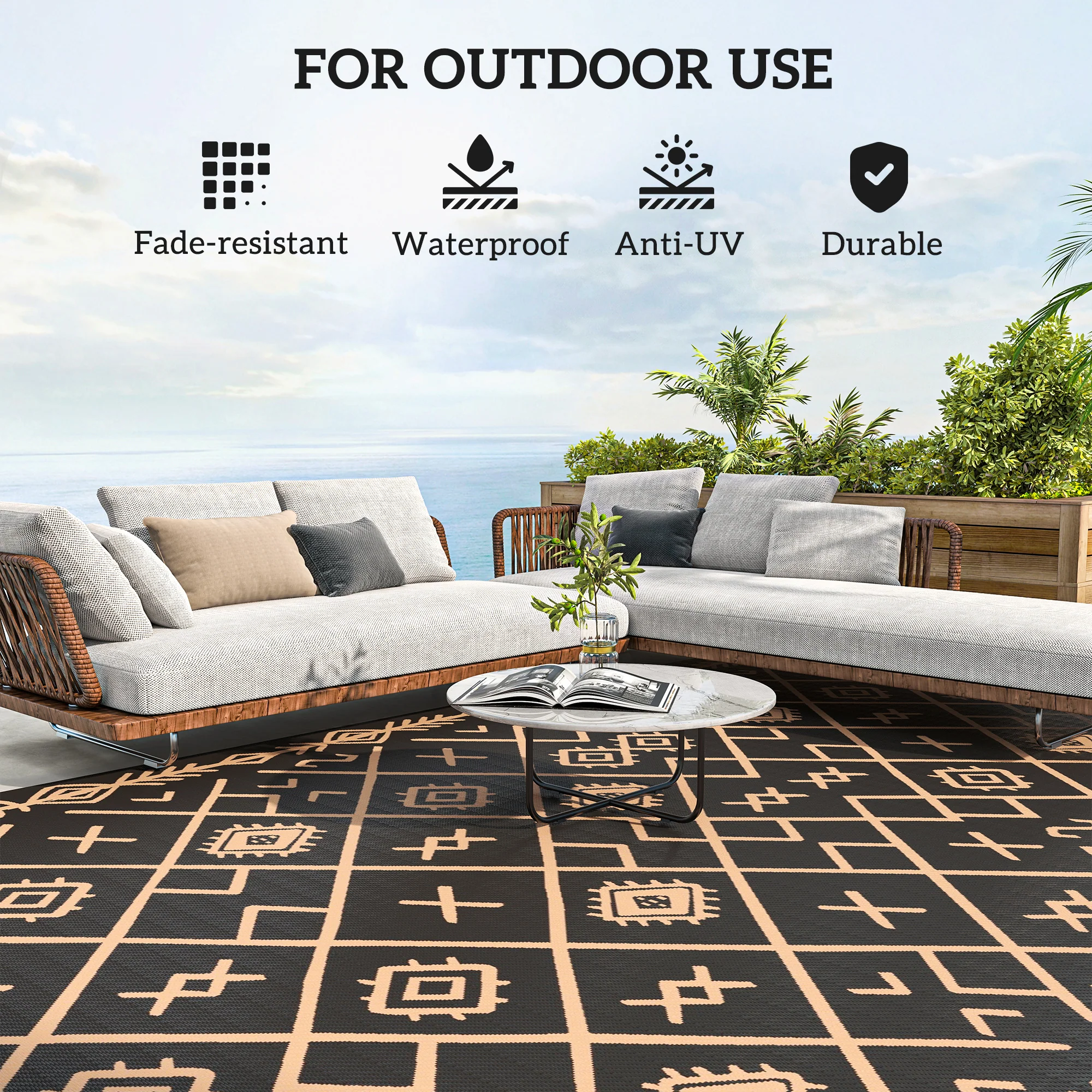 9' x 18' Reversible Outdoor Rug, Waterproof Plastic Straw, Black & Brown Rhombus Pattern - Image 8