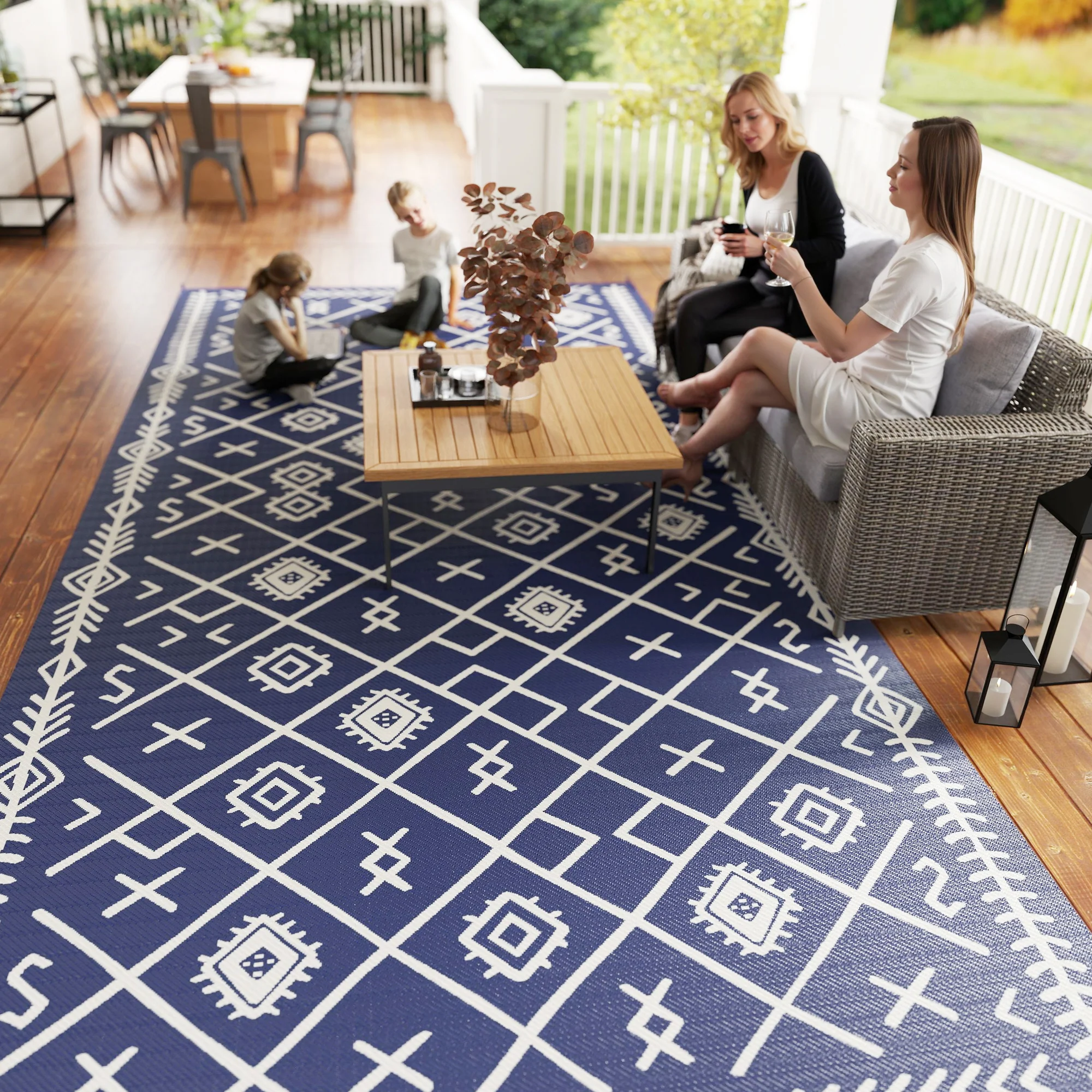 9' x18' Reversible Waterproof Plastic Straw Rug, Blue & White Rhombus Pattern - Image 11