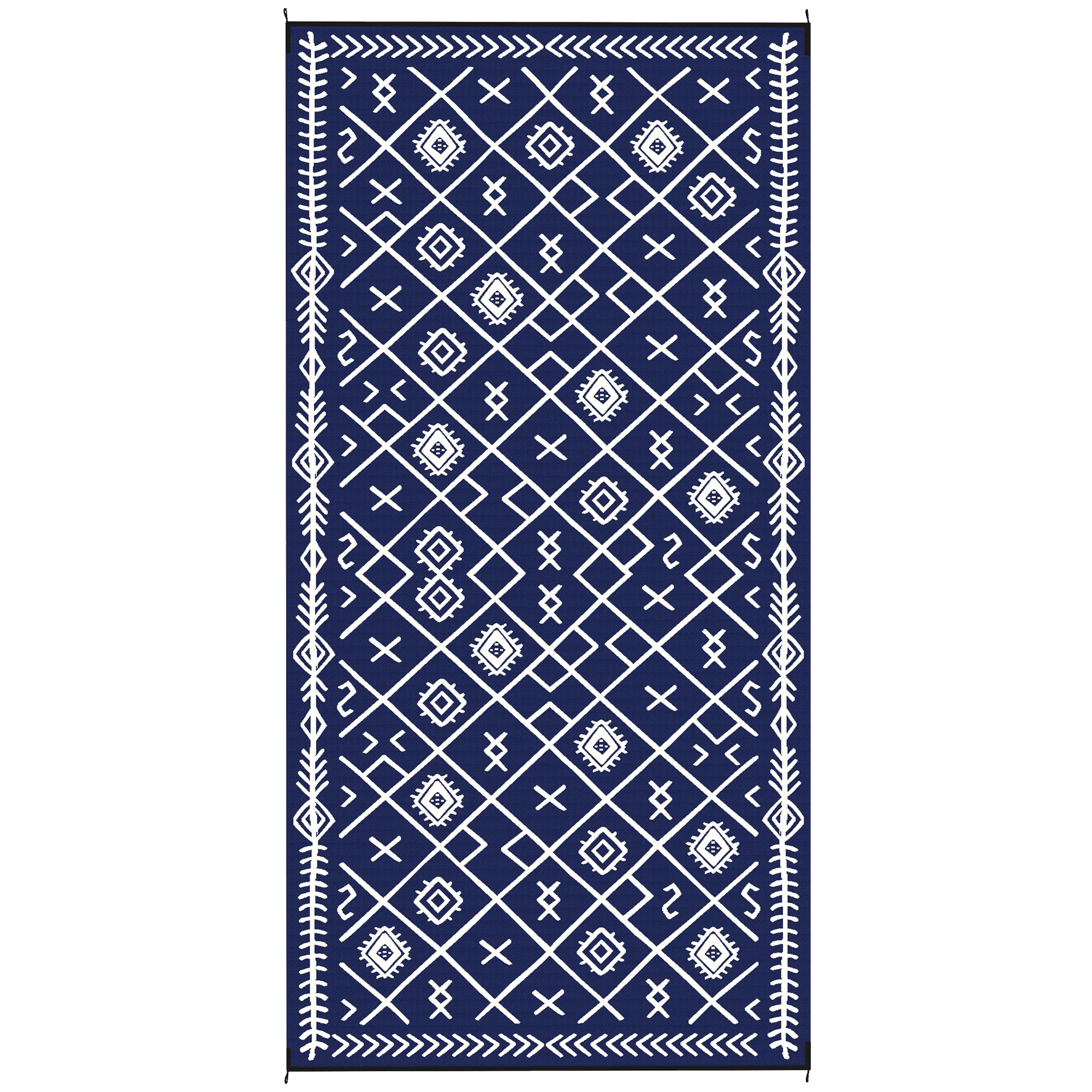 9' x18' Reversible Waterproof Plastic Straw Rug, Blue & White Rhombus Pattern - Image 12