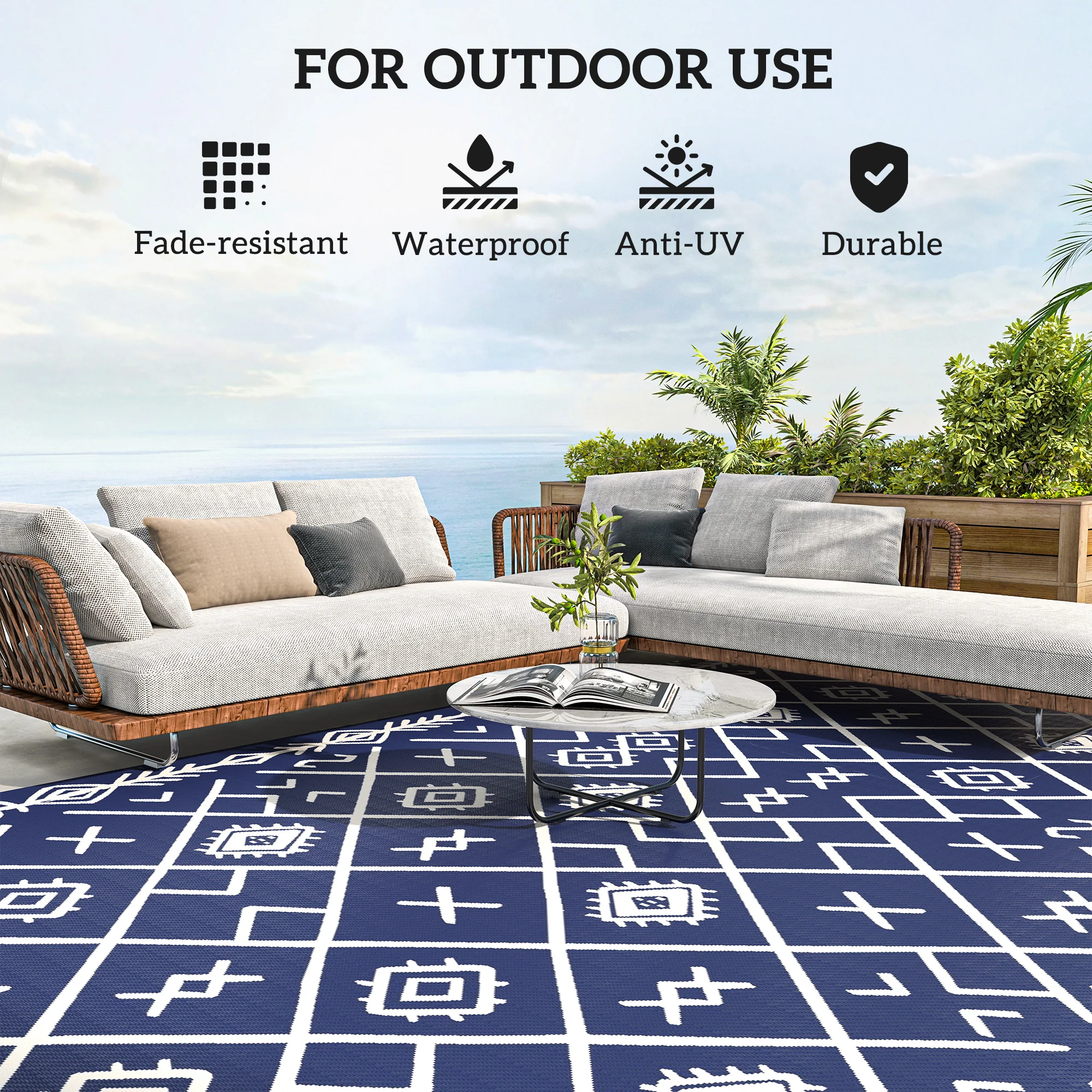 9' x18' Reversible Waterproof Plastic Straw Rug, Blue & White Rhombus Pattern - Image 8