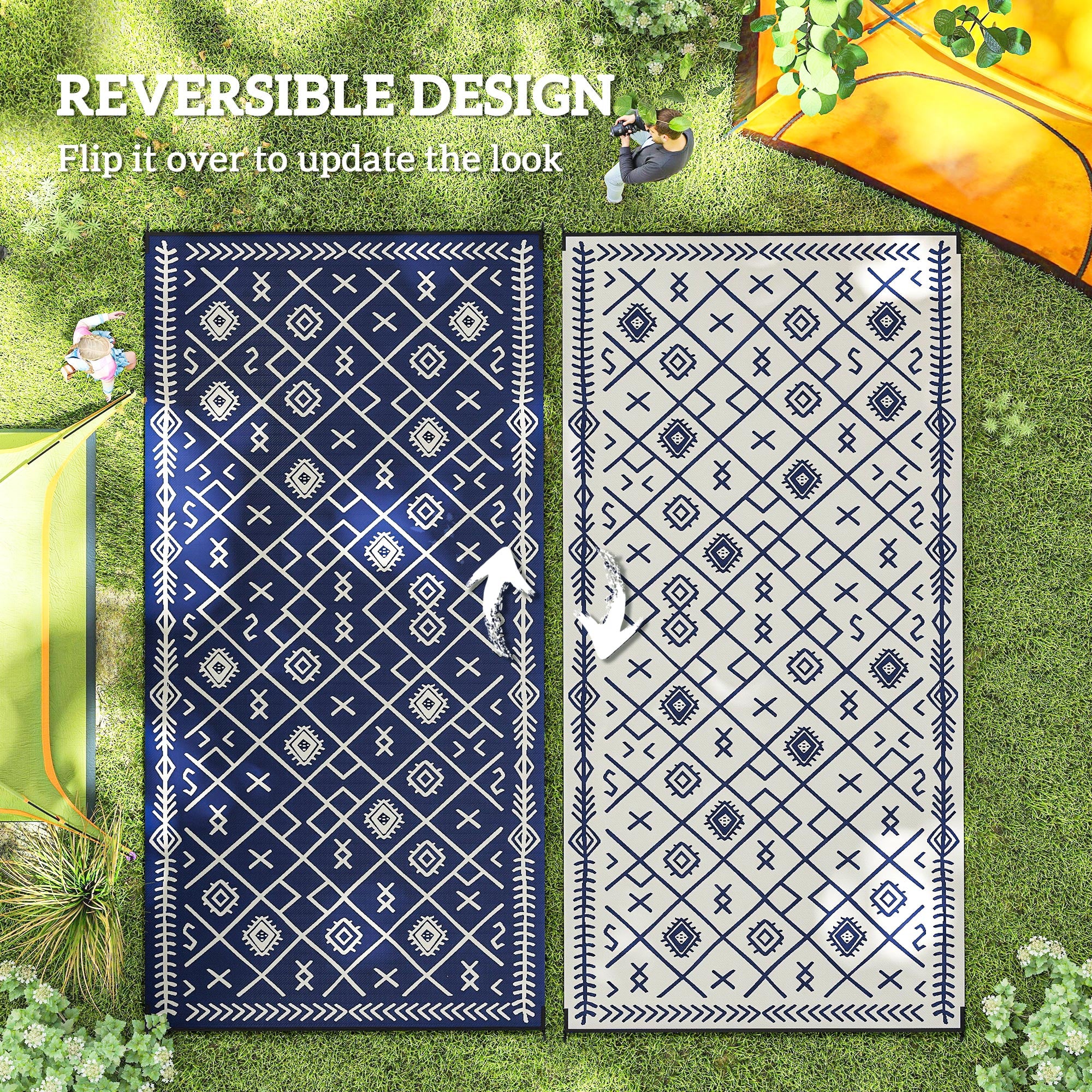 9' x18' Reversible Waterproof Plastic Straw Rug, Blue & White Rhombus Pattern - Image 9