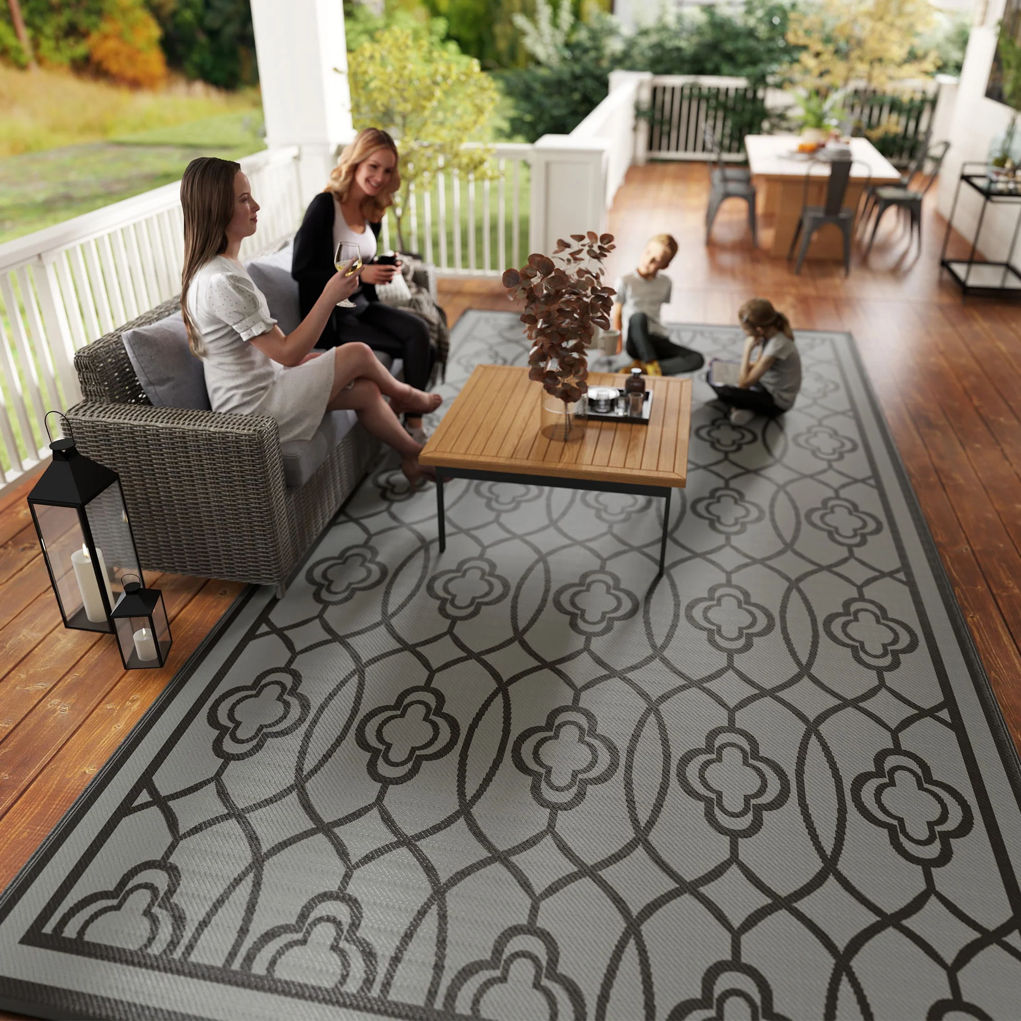 9' x 18' Reversible Waterproof Outdoor Rug Black & Gray - Image 11